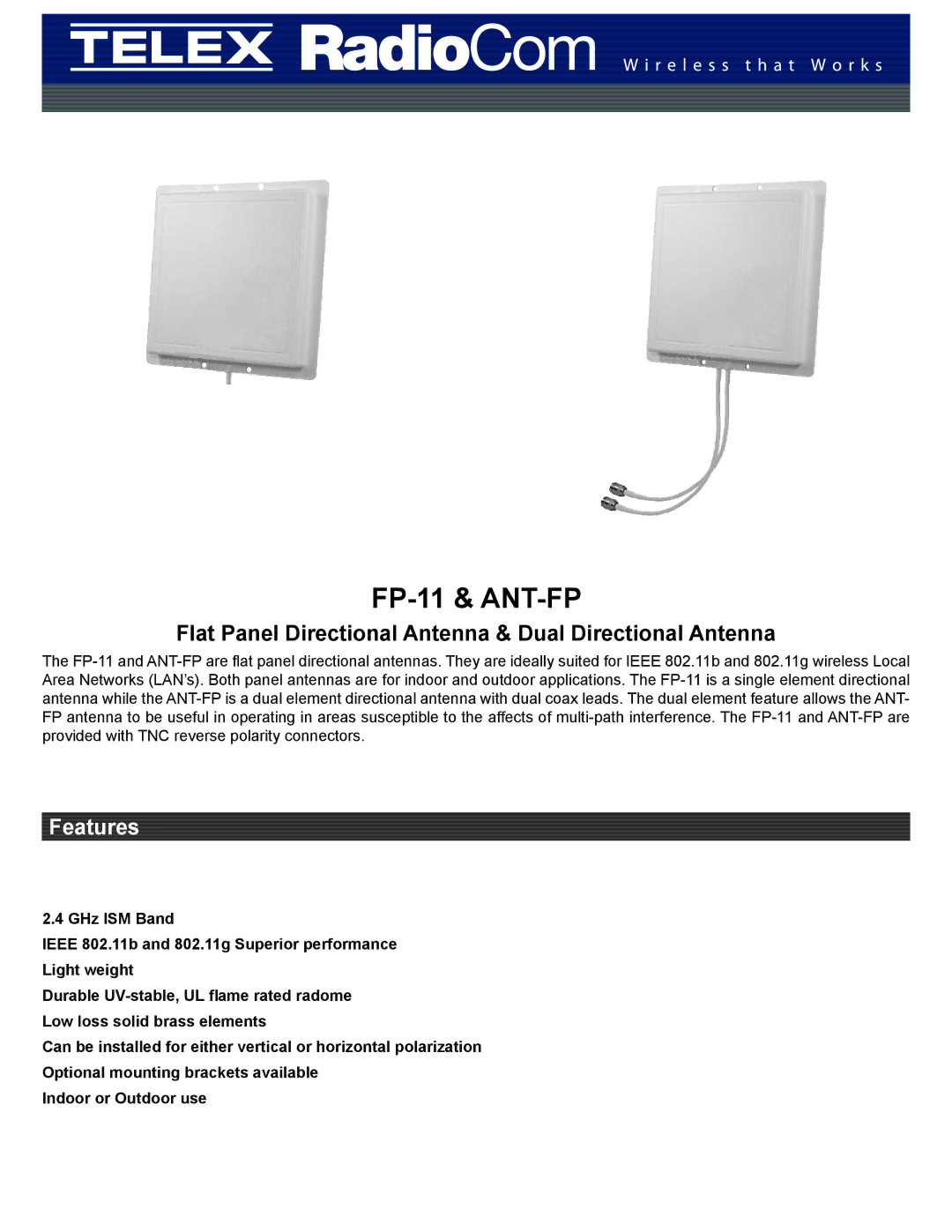 Telex manual FP-11 & ANT-FP, Flat Panel Directional Antenna & Dual Directional Antenna 