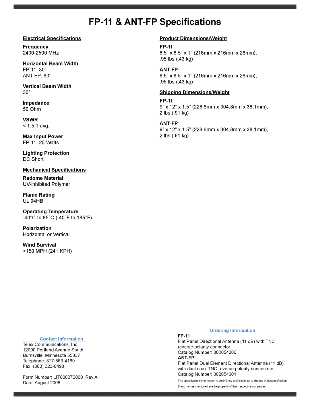 Telex manual FP-11 & ANT-FP Specifications, Vswr, Ant-Fp, Contact Information, Ordering Information 