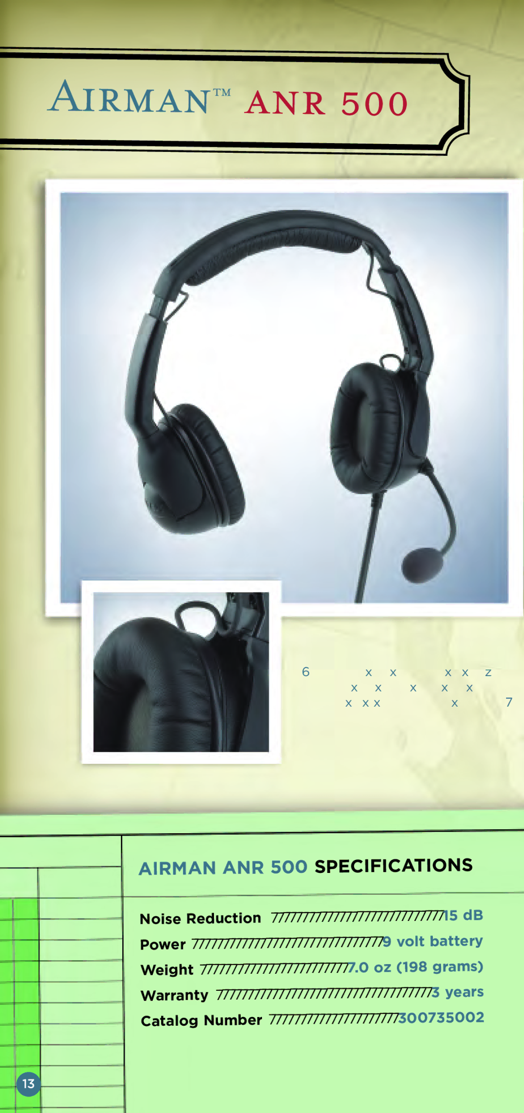 Telex Aviation Headsets manual Anr, Airman ANR 500 Specifications 