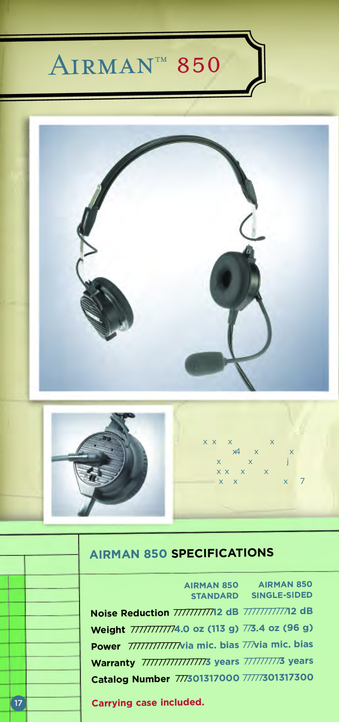 Telex Aviation Headsets manual Airman 850 Specifica 