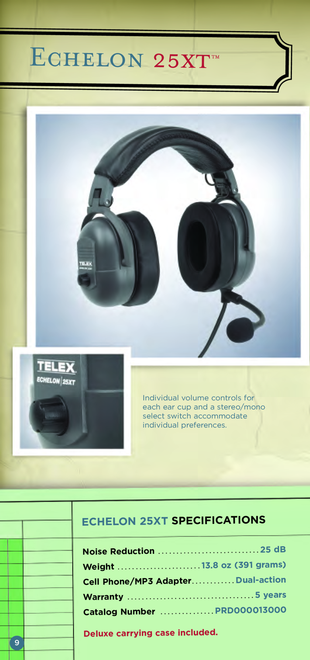Telex Aviation Headsets Echelon 25xt, ECHELON 25XT SPECIFICATIONS, 13.8 oz 391 grams, PRD000013000, Cell Phone/MP3 Adapter 