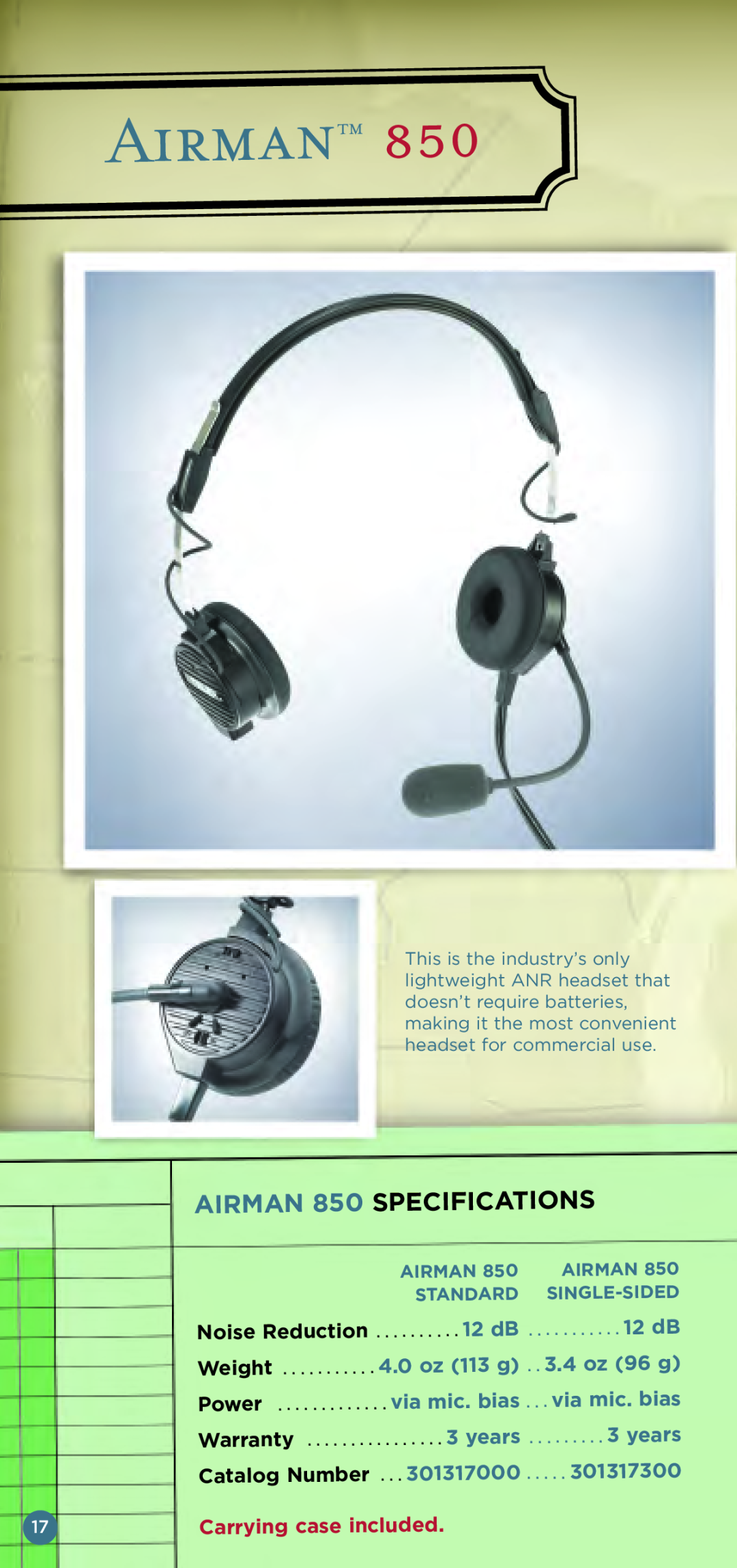 Telex Aviation Headsets Airman, AIRMAN 850 SPECIFICA, Tions, Noise Reduction, 4.0 oz 113 g, 3.4 oz 96 g, Catalog Number 