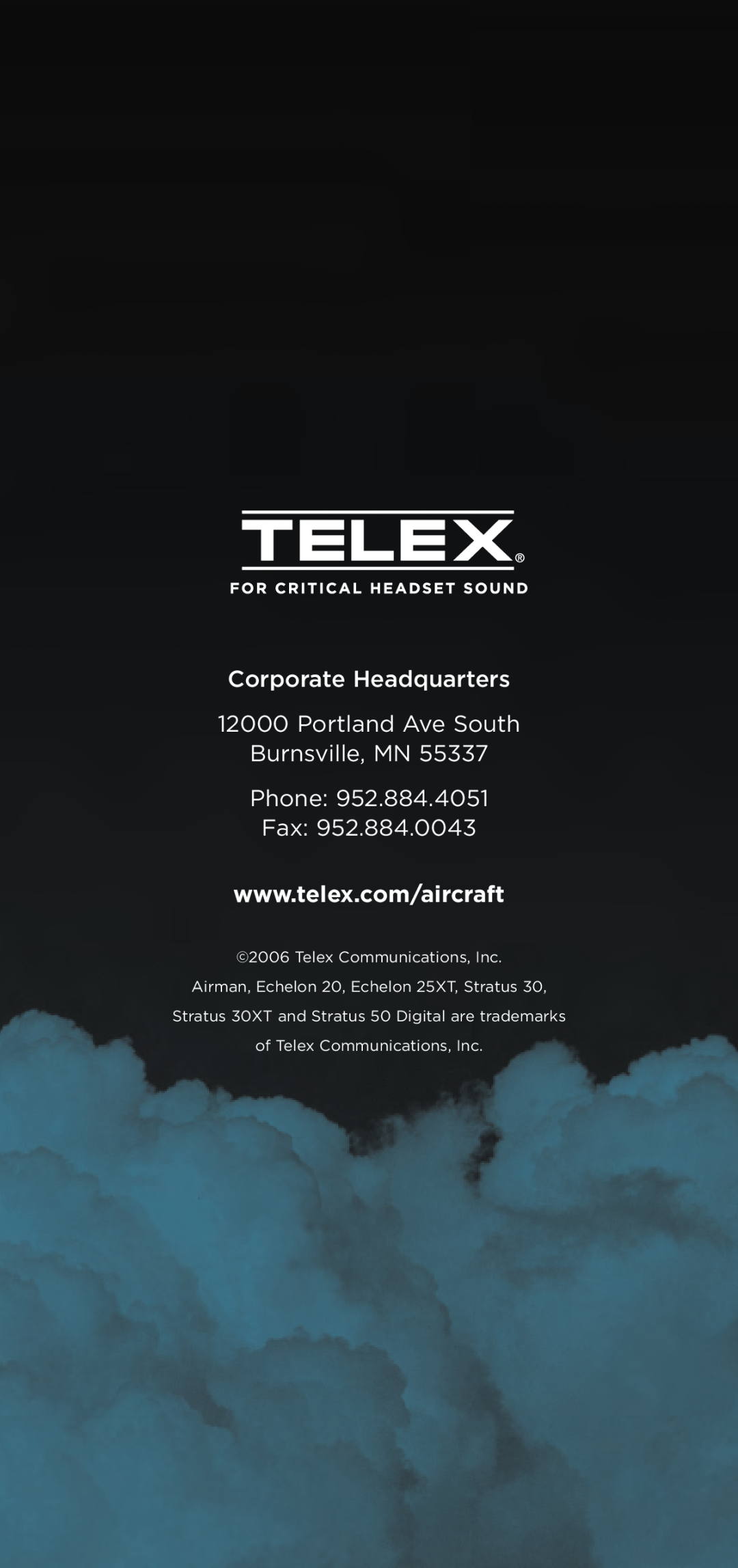 Telex Aviation Headsets manual Corporate Headquarters 12000 Portland Ave South, Burnsville, MN Phone Fax 