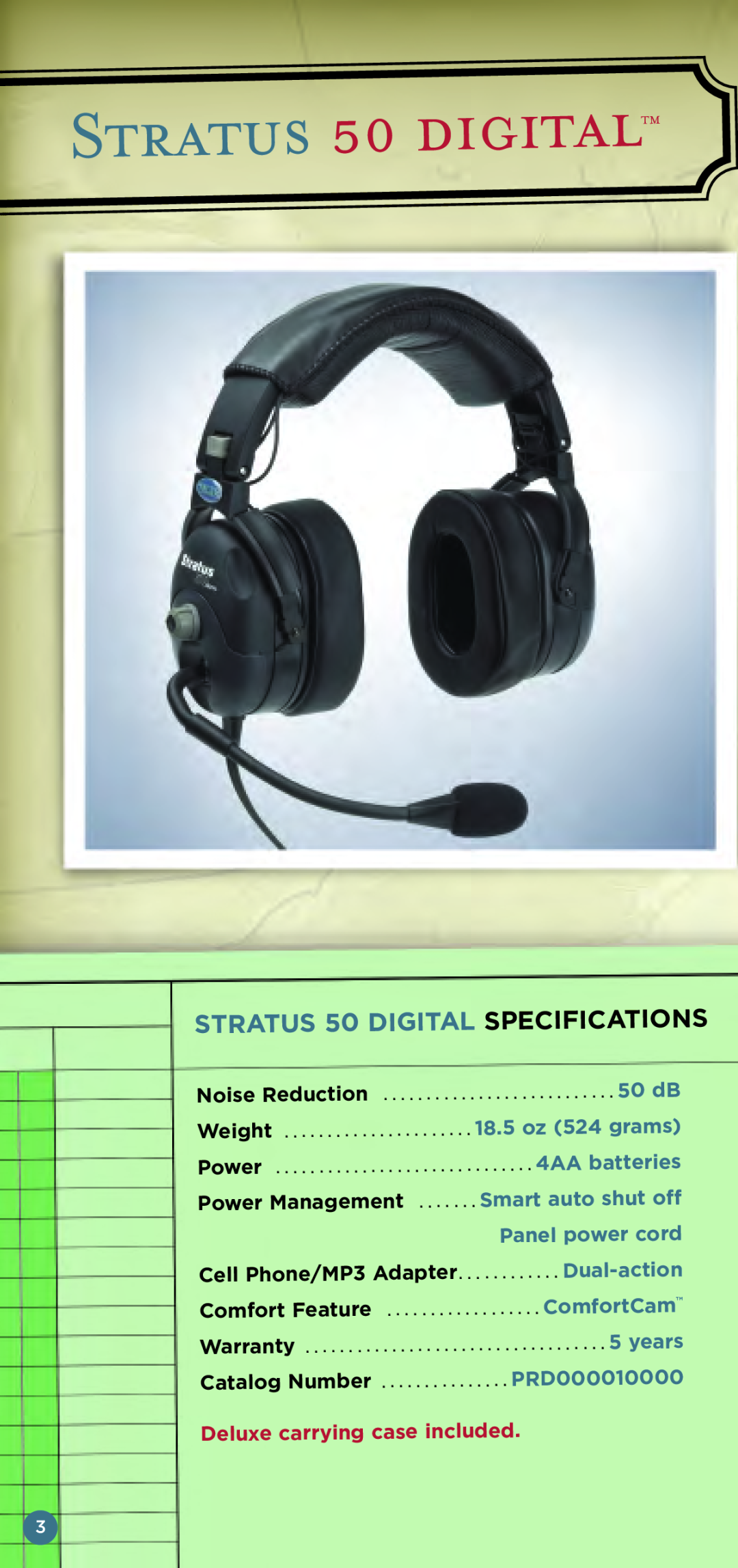 Telex Aviation Headsets STRATUS 50 DIGITAL SPECIFICATIONS, Stratus 50 digital, 18.5 oz 524 grams, Panel power cord, 50 dB 