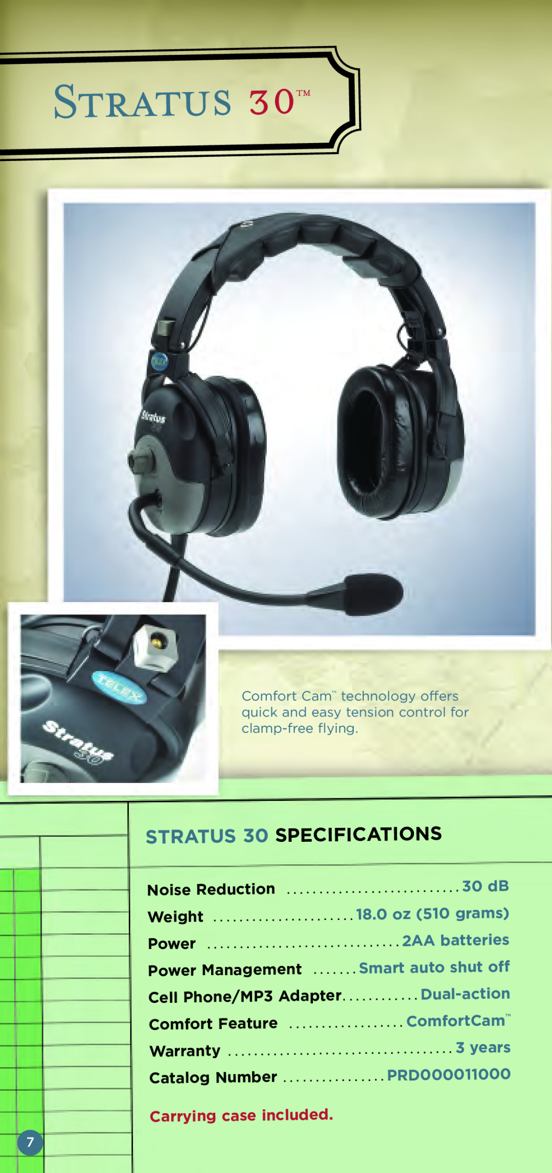 Telex Aviation Headsets Stratus, STRATUS 30 SPECIFICA, Tions, 18.0 oz 510 grams, Smart auto shut off, Comfort Feature 