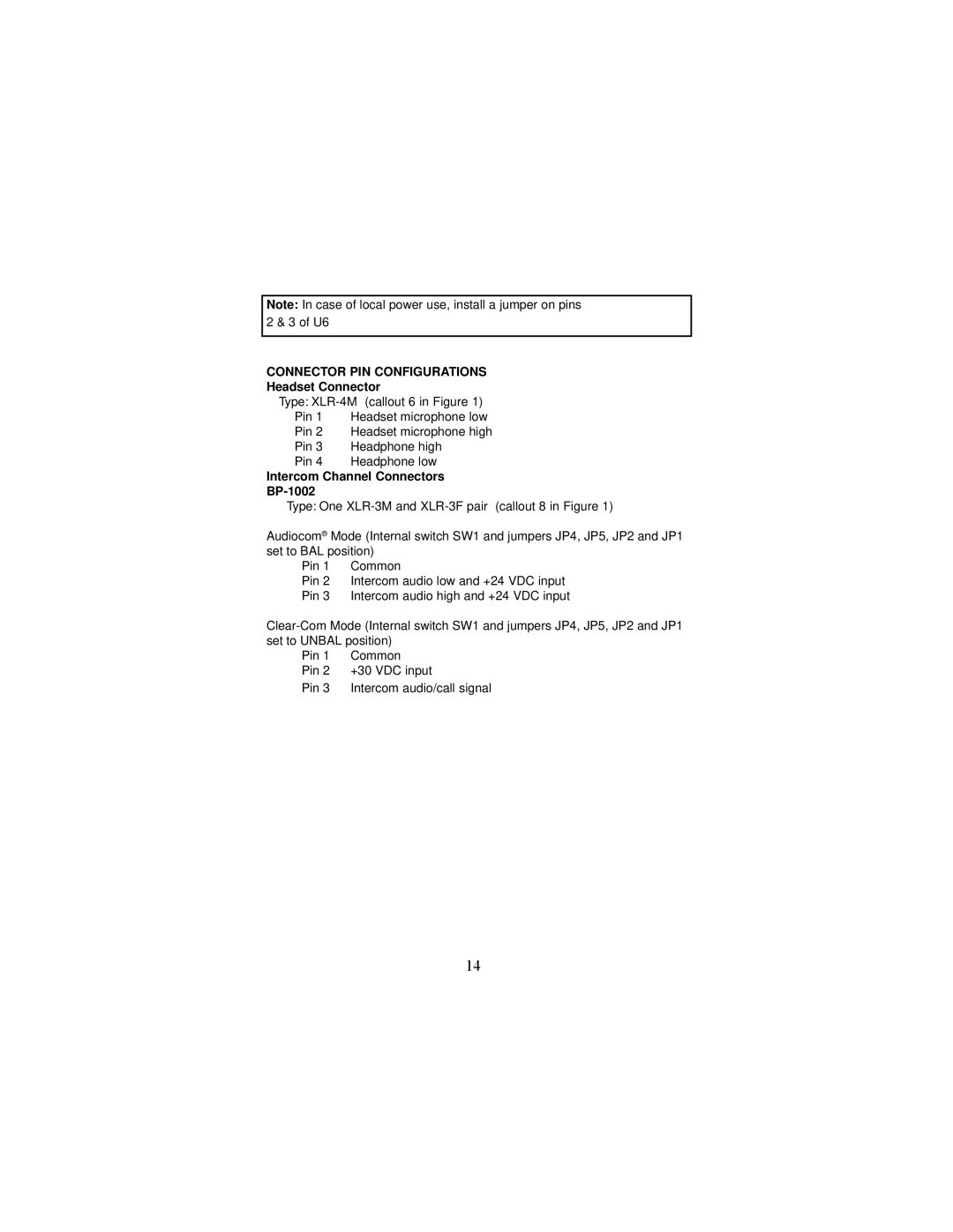 Telex BP-2002, BP-1002 operating instructions Connector PIN Configurations, Headset Connector 