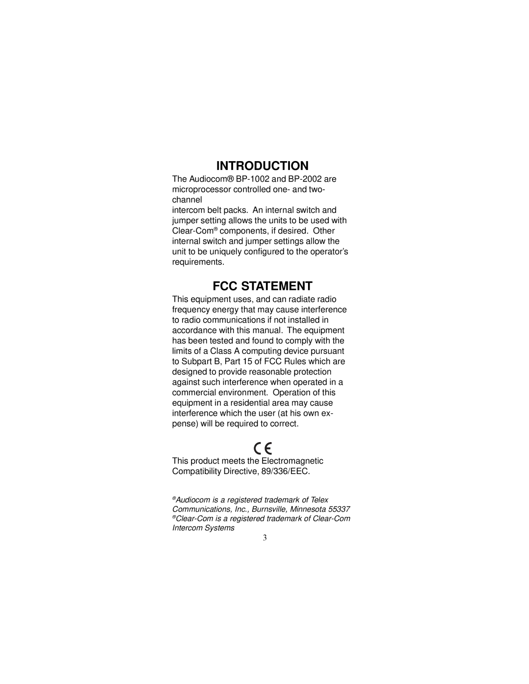 Telex BP-1002, BP-2002 operating instructions Introduction 