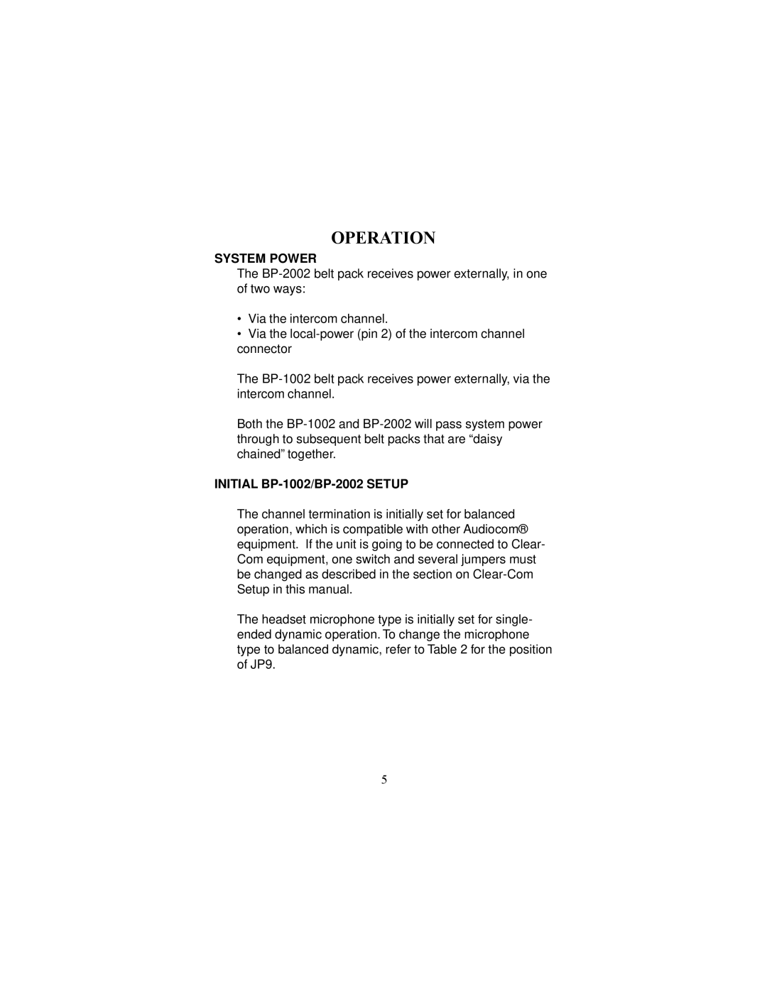 Telex operating instructions System Power, Initial BP-1002/BP-2002 Setup 