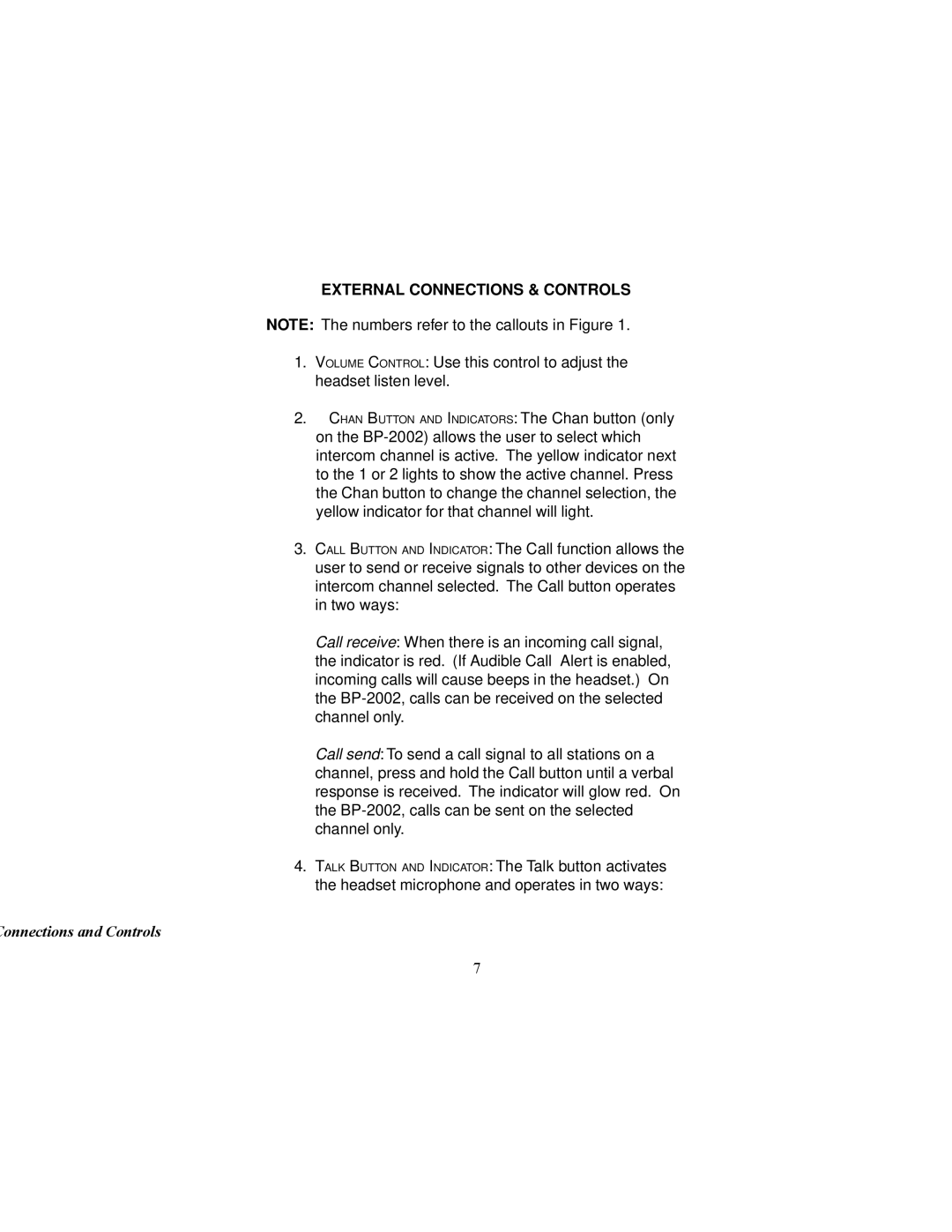 Telex BP-1002, BP-2002 operating instructions External Connections & Controls, Connections and Controls 