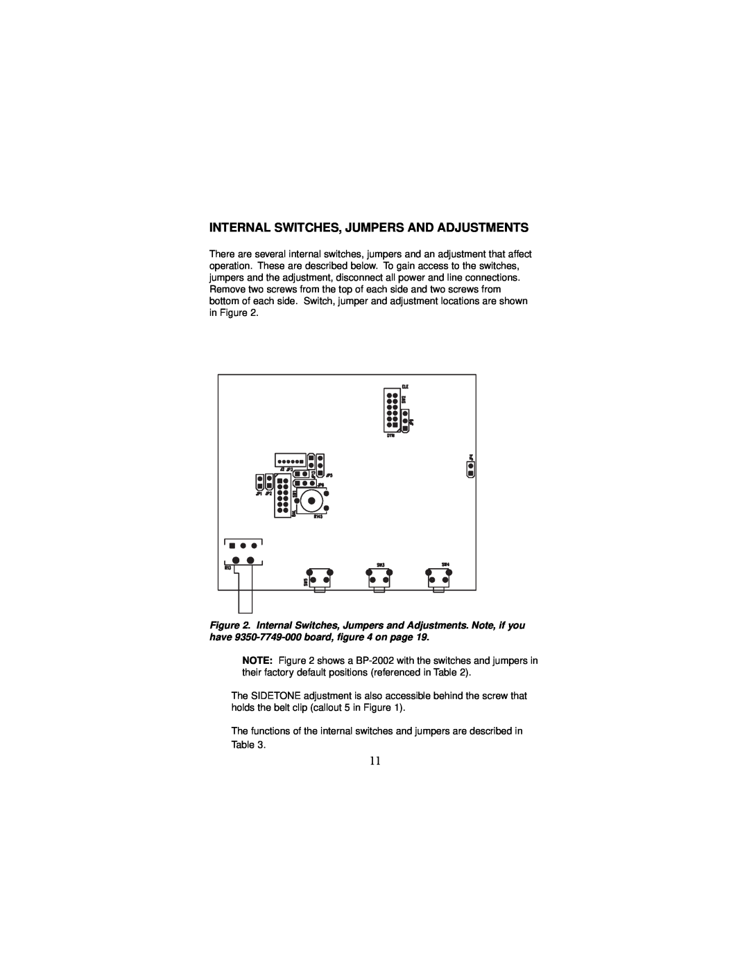 Telex BP-1002, BP-2002 operating instructions Internal Switches, Jumpers And Adjustments 
