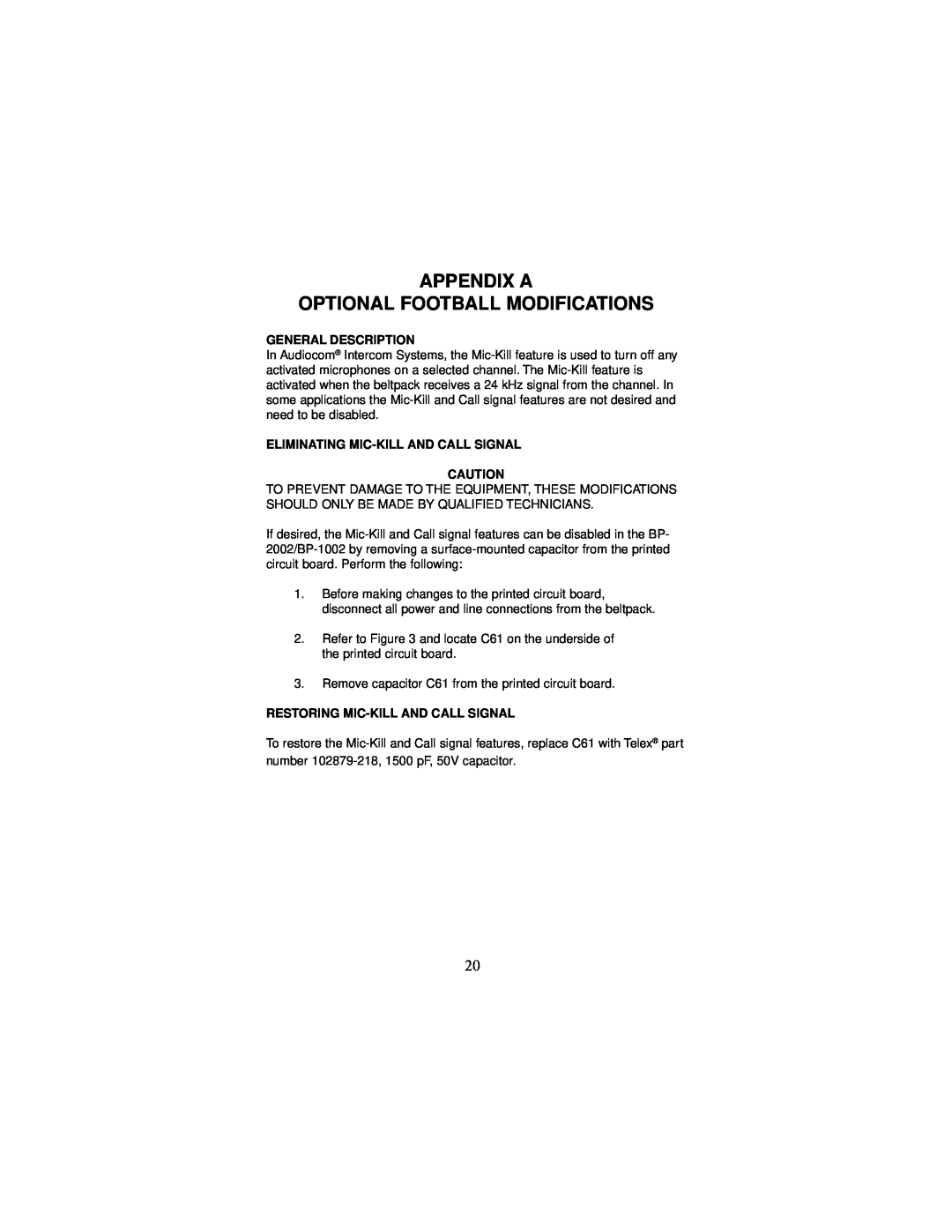 Telex BP-2002 Appendix A Optional Football Modifications, General Description, Eliminating Mic-Kill And Call Signal 