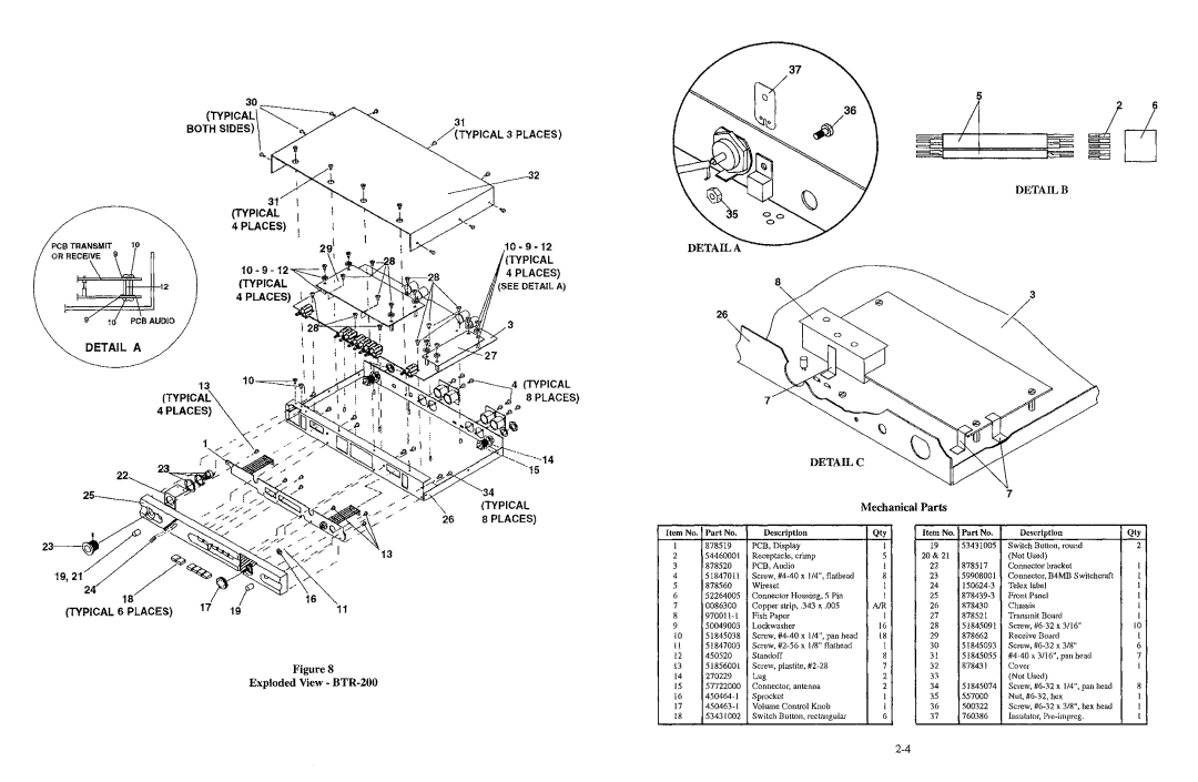 Telex BTR-200 Series manual Mechanical Parts, Exploded View· BTR-200, Places 