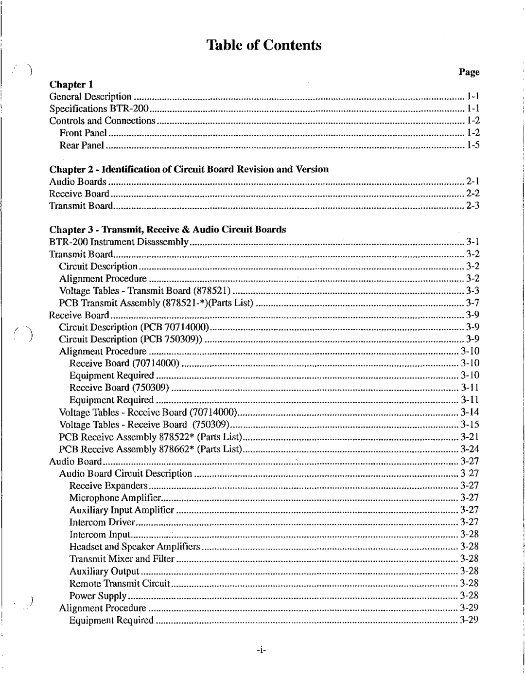 Telex BTR-200 Series manual Table of Contents 