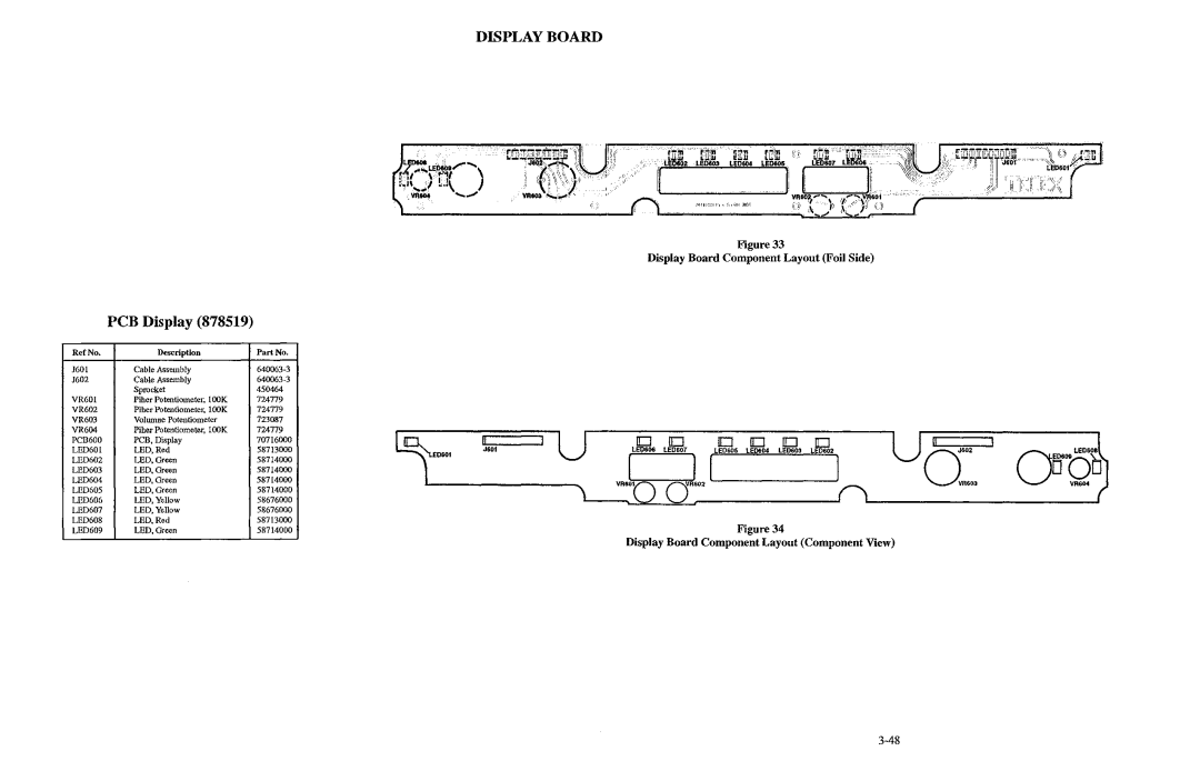 Telex BTR-200 Series manual Display Board Component Layout Foil Side, Display Board Component Layout Component View 