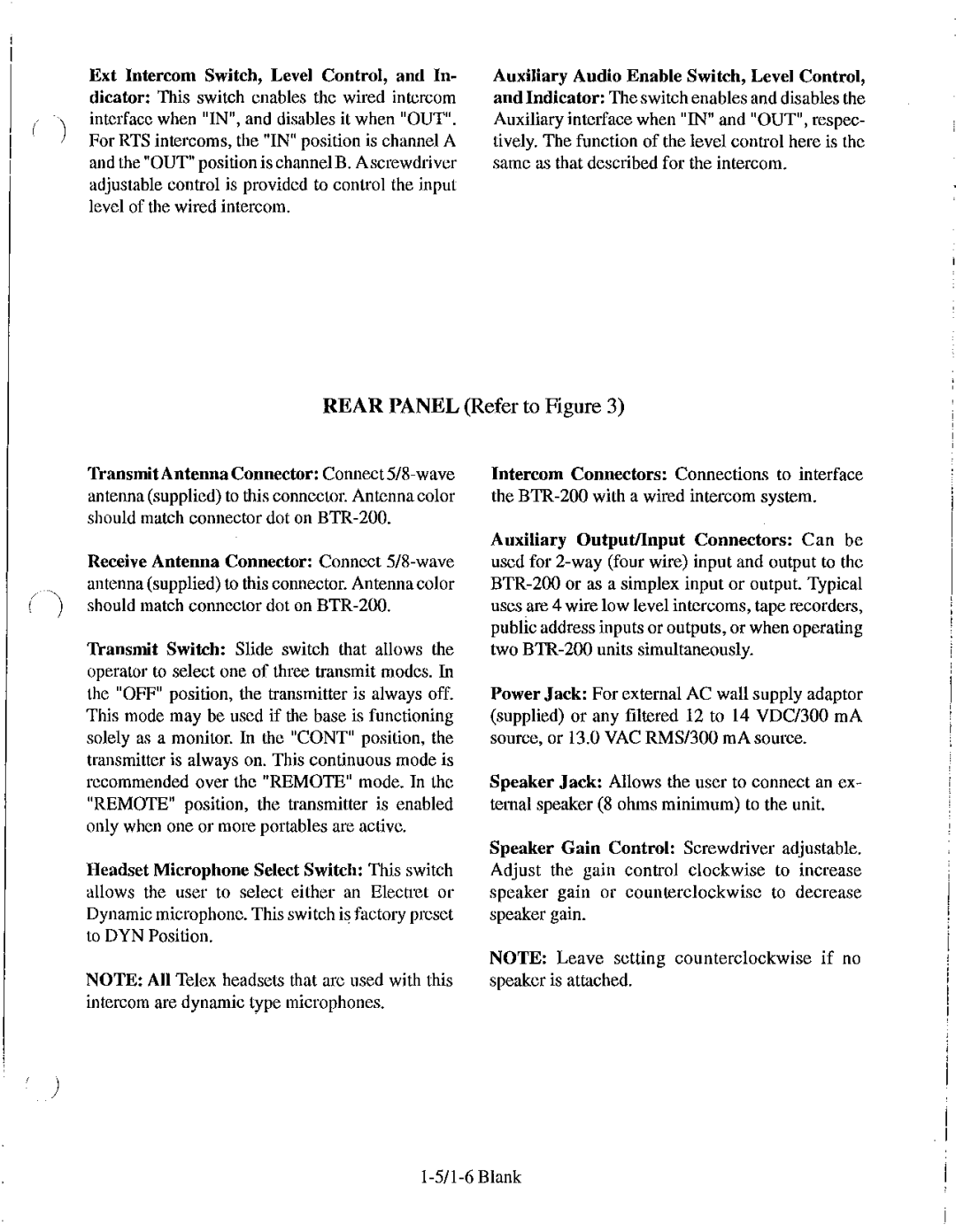 Telex BTR-200 Series manual Rear Panel Refer to Figure 