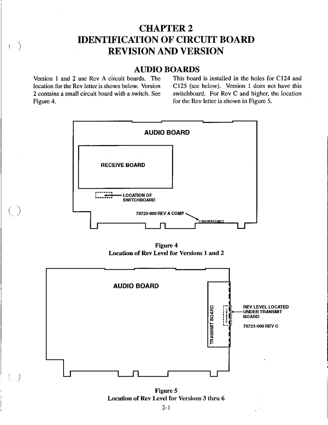 Telex BTR-200 Series manual Location of Rev Level for Versions 1, Location of Rev Level for Versions 3 thru 