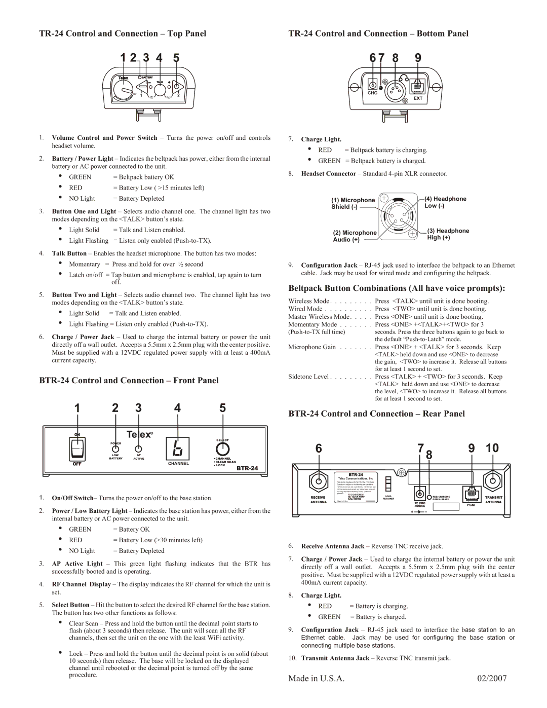 Telex BTR-24/TR-24 manual TR-24 Control and Connection Top Panel, Beltpack Button Combinations All have voice prompts 