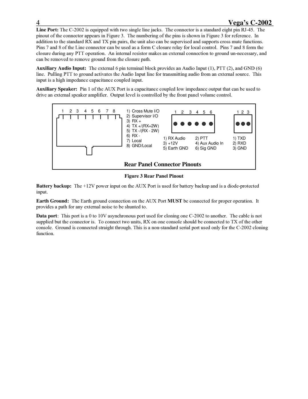 Telex C-2002 technical manual Rear Panel Connector Pinouts, Rear Panel Pinout 