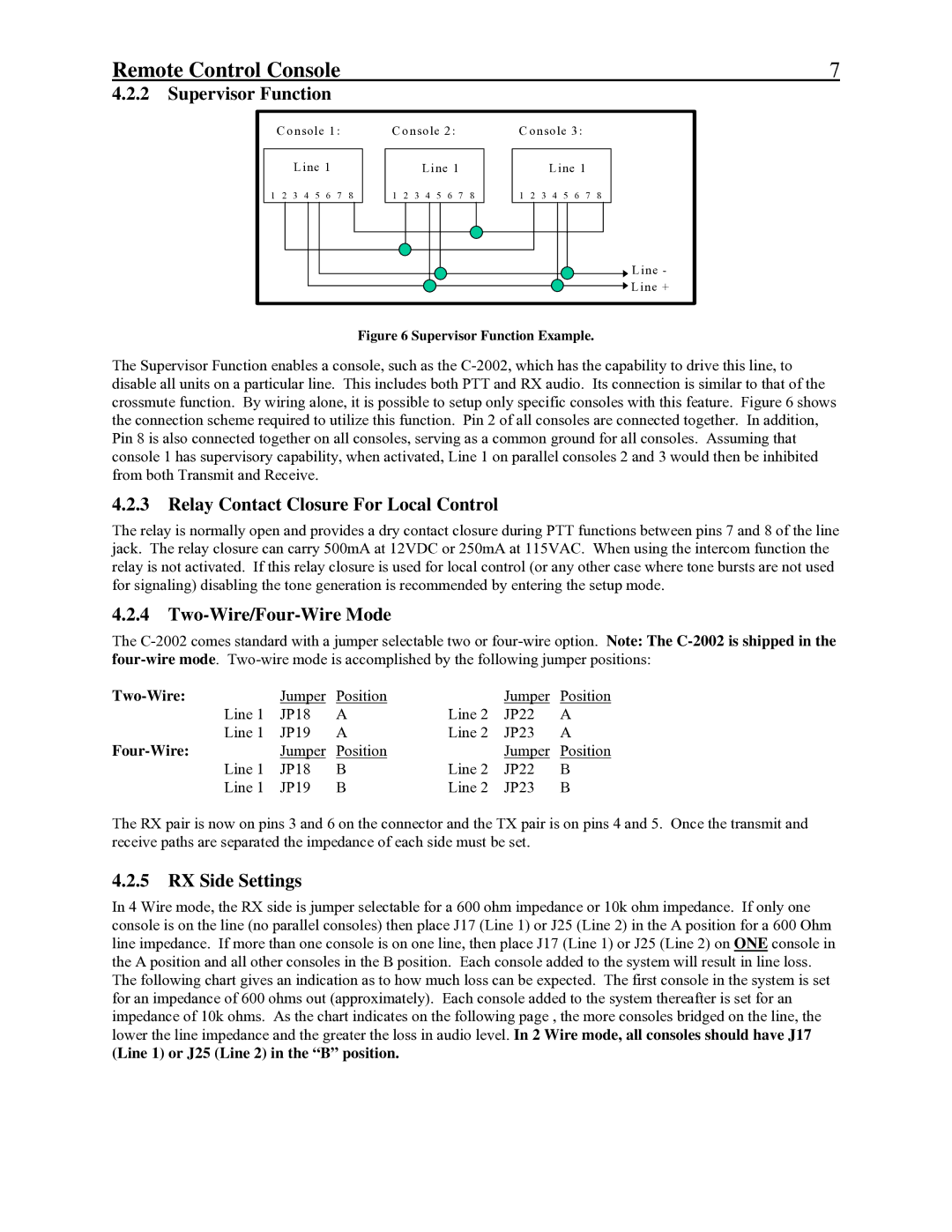 Telex C-2002 Supervisor Function, Relay Contact Closure For Local Control, Two-Wire/Four-Wire Mode, RX Side Settings 