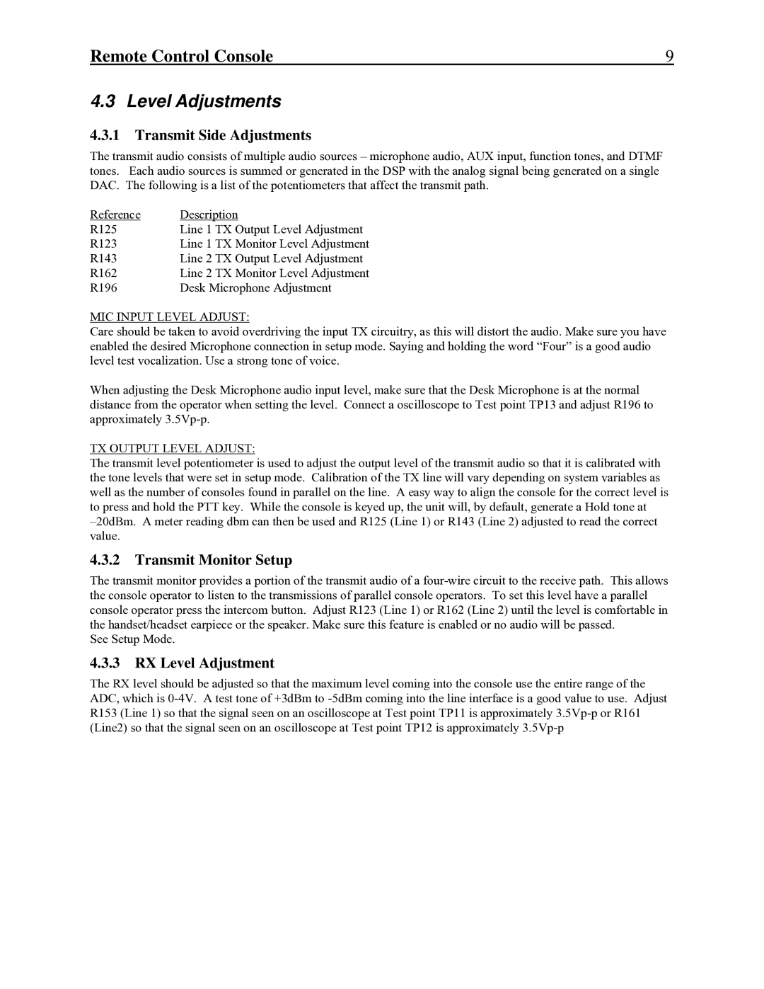 Telex C-2002 technical manual Level Adjustments, Transmit Side Adjustments, Transmit Monitor Setup, RX Level Adjustment 