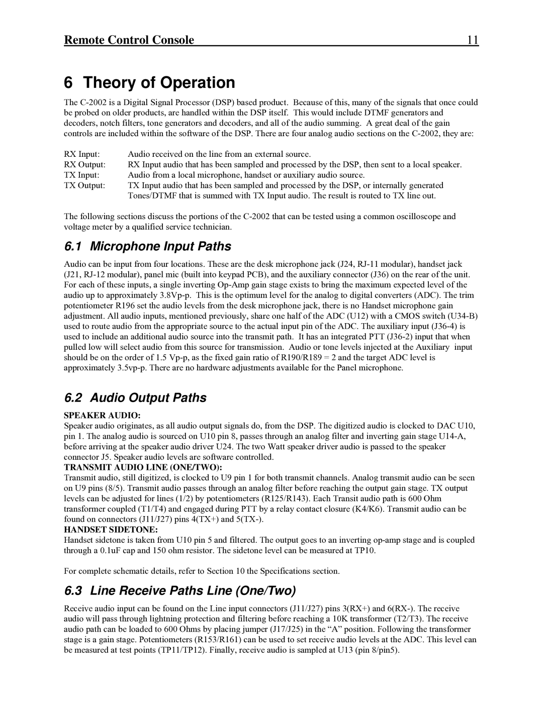 Telex C-2002 Theory of Operation, Microphone Input Paths, Audio Output Paths, Line Receive Paths Line One/Two 