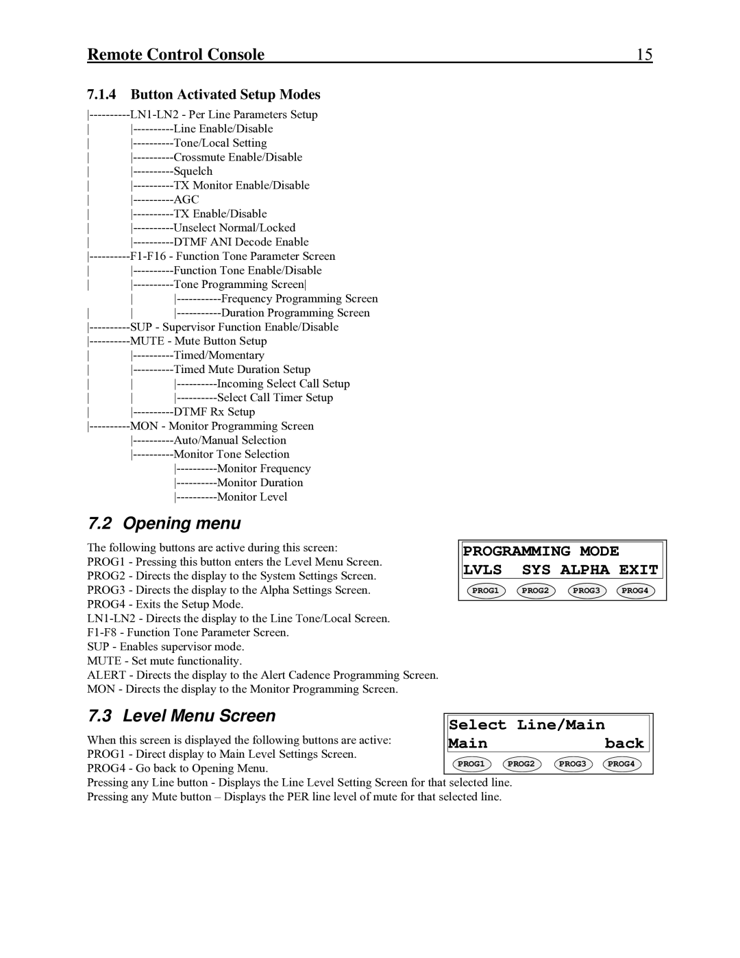 Telex C-2002 technical manual Opening menu, Level Menu Screen, Button Activated Setup Modes 