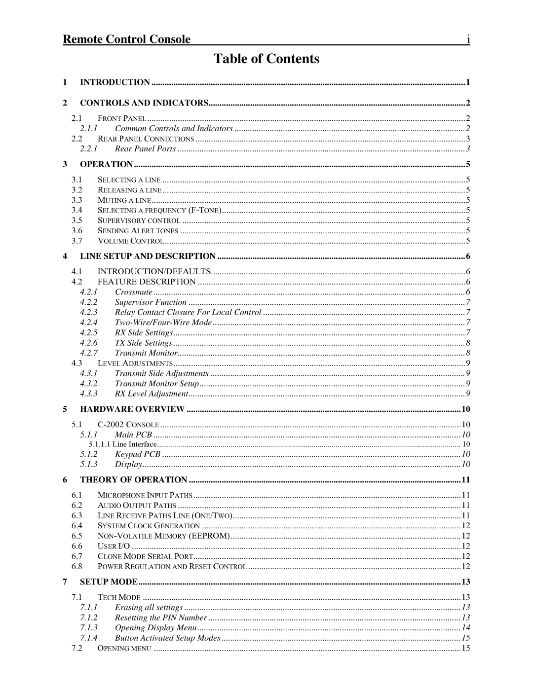 Telex C-2002 technical manual Table of Contents 