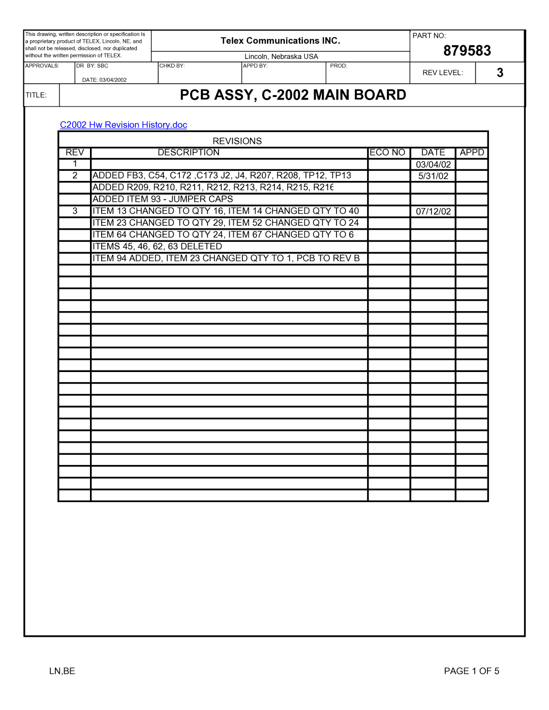 Telex technical manual PCB ASSY, C-2002 Main Board 