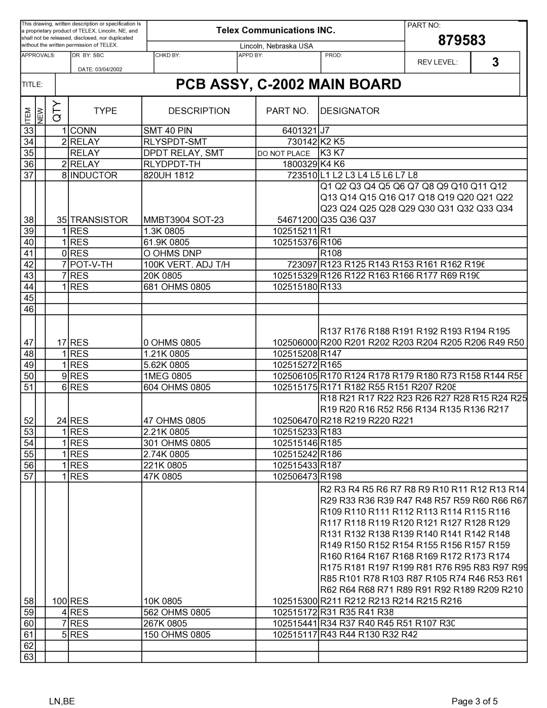 Telex C-2002 technical manual Type Description Designator Conn SMT 40 PIN 