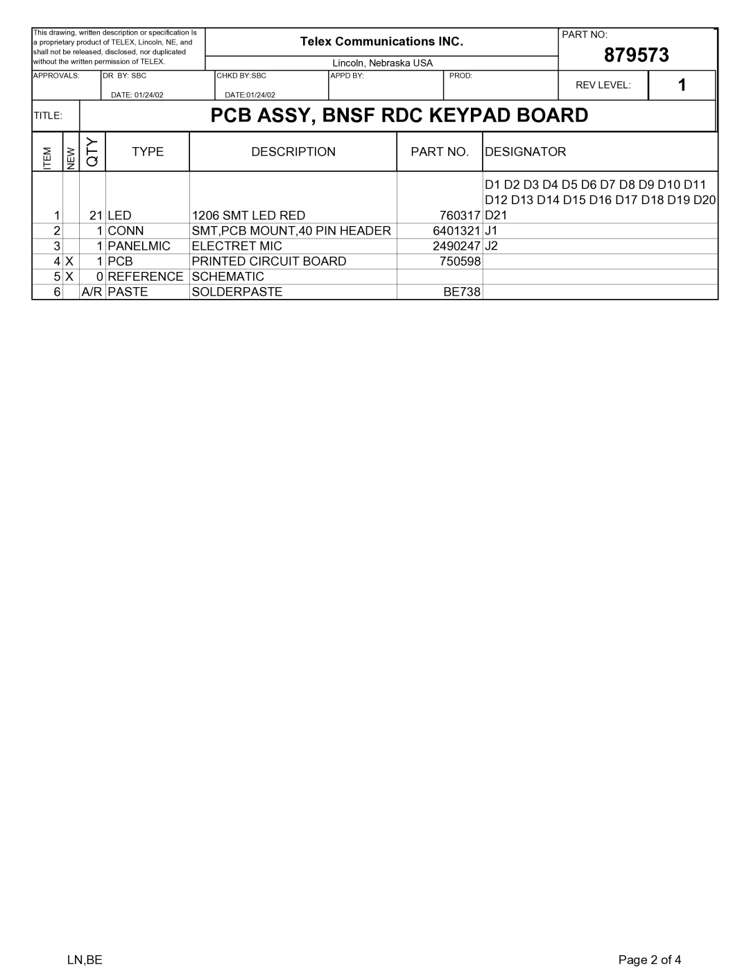 Telex C-2002 technical manual PCB ASSY, Bnsf RDC Keypad Board 