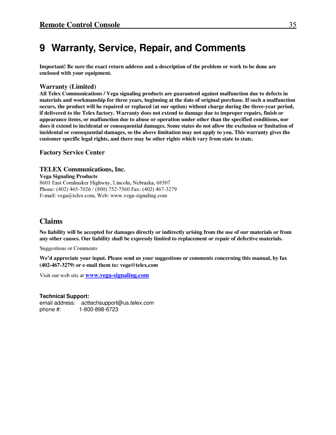 Telex C-2002 Warranty, Service, Repair, and Comments, Warranty Limited, Factory Service Center Telex Communications, Inc 