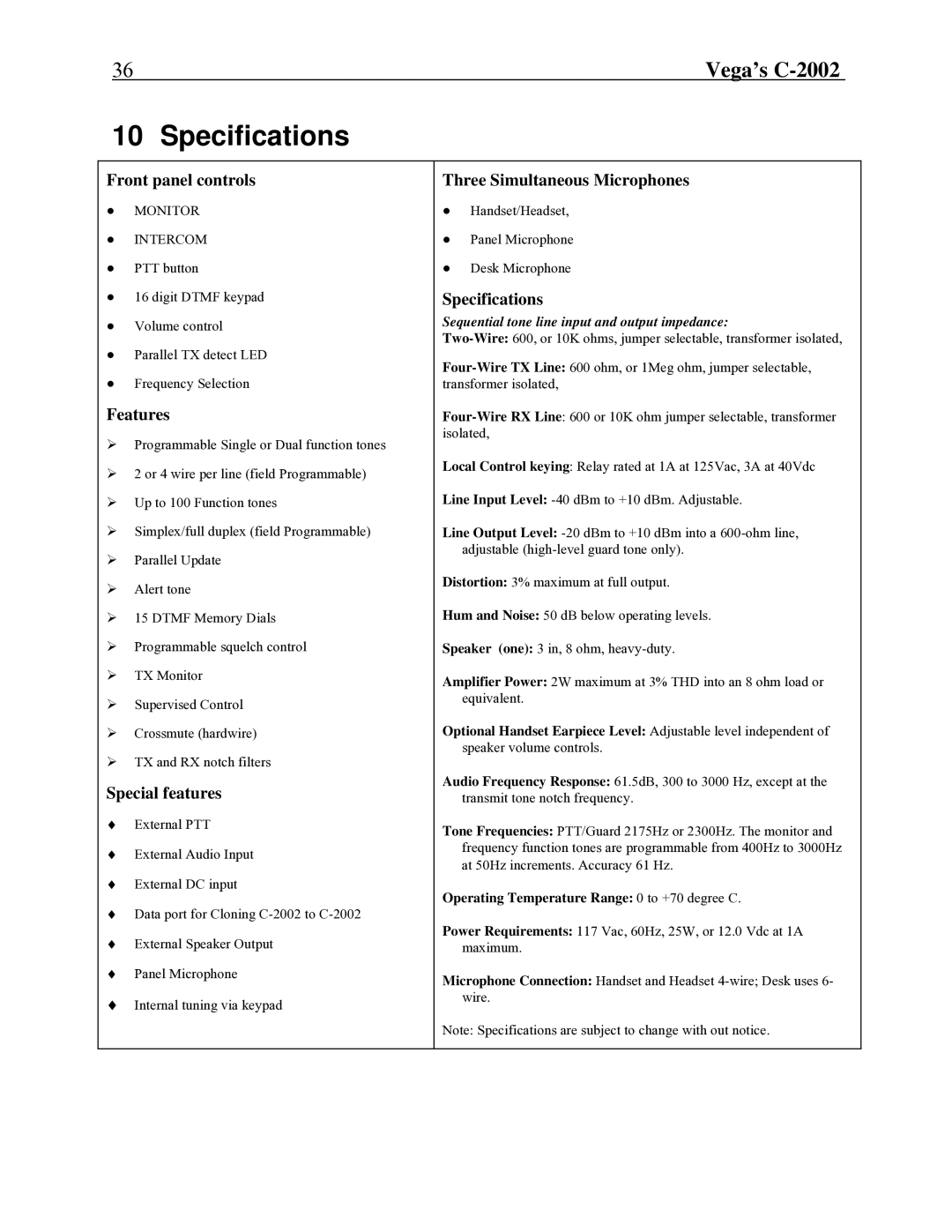 Telex C-2002 technical manual Specifications, Front panel controls 