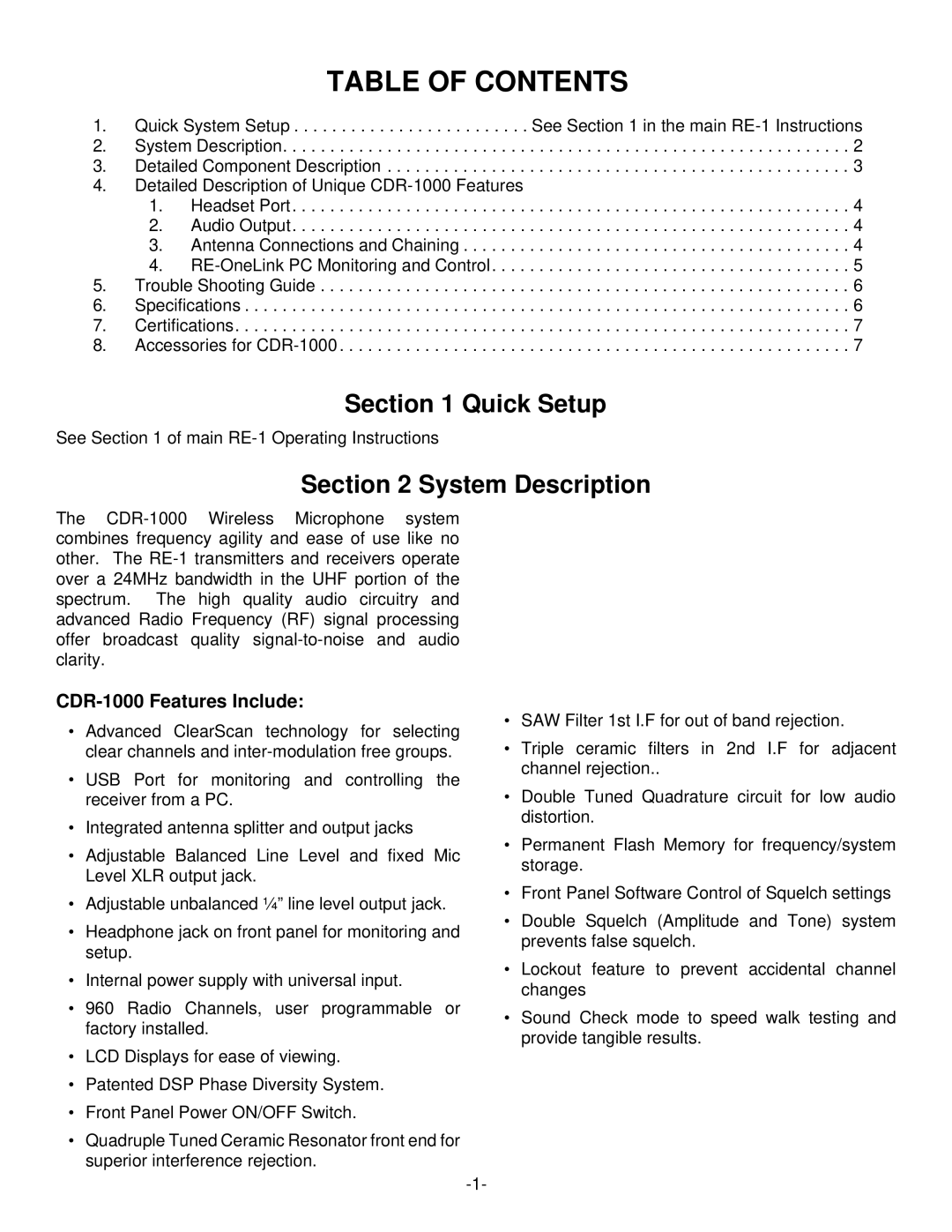 Telex CDR-1000 operating instructions Table of Contents 