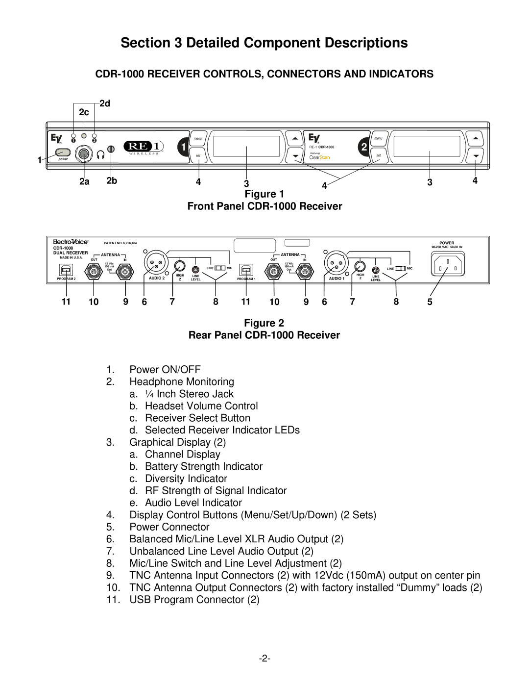 Telex operating instructions Detailed Component Descriptions, CDR-1000 Receiver CONTROLS, Connectors and Indicators 