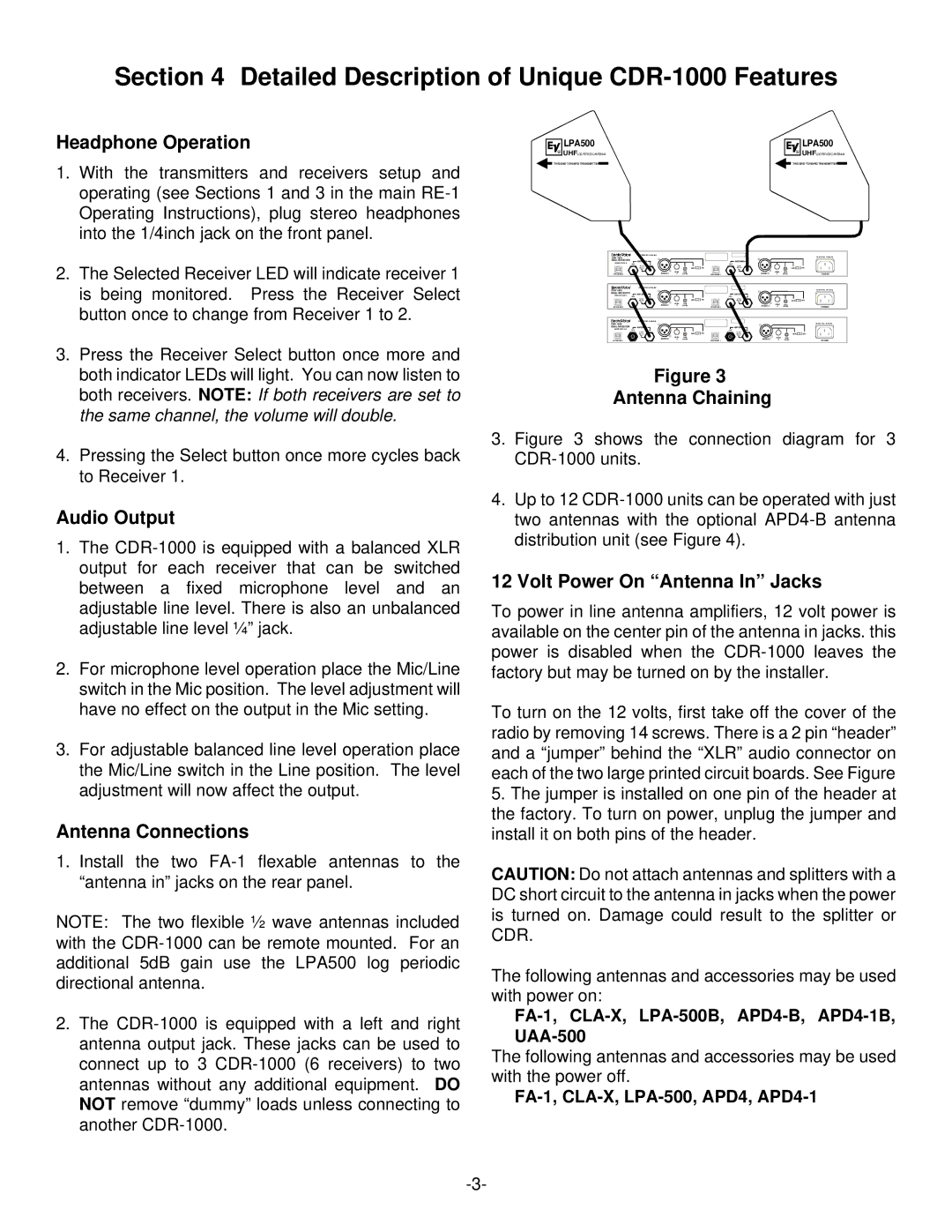 Telex operating instructions Detailed Description of Unique CDR-1000 Features 