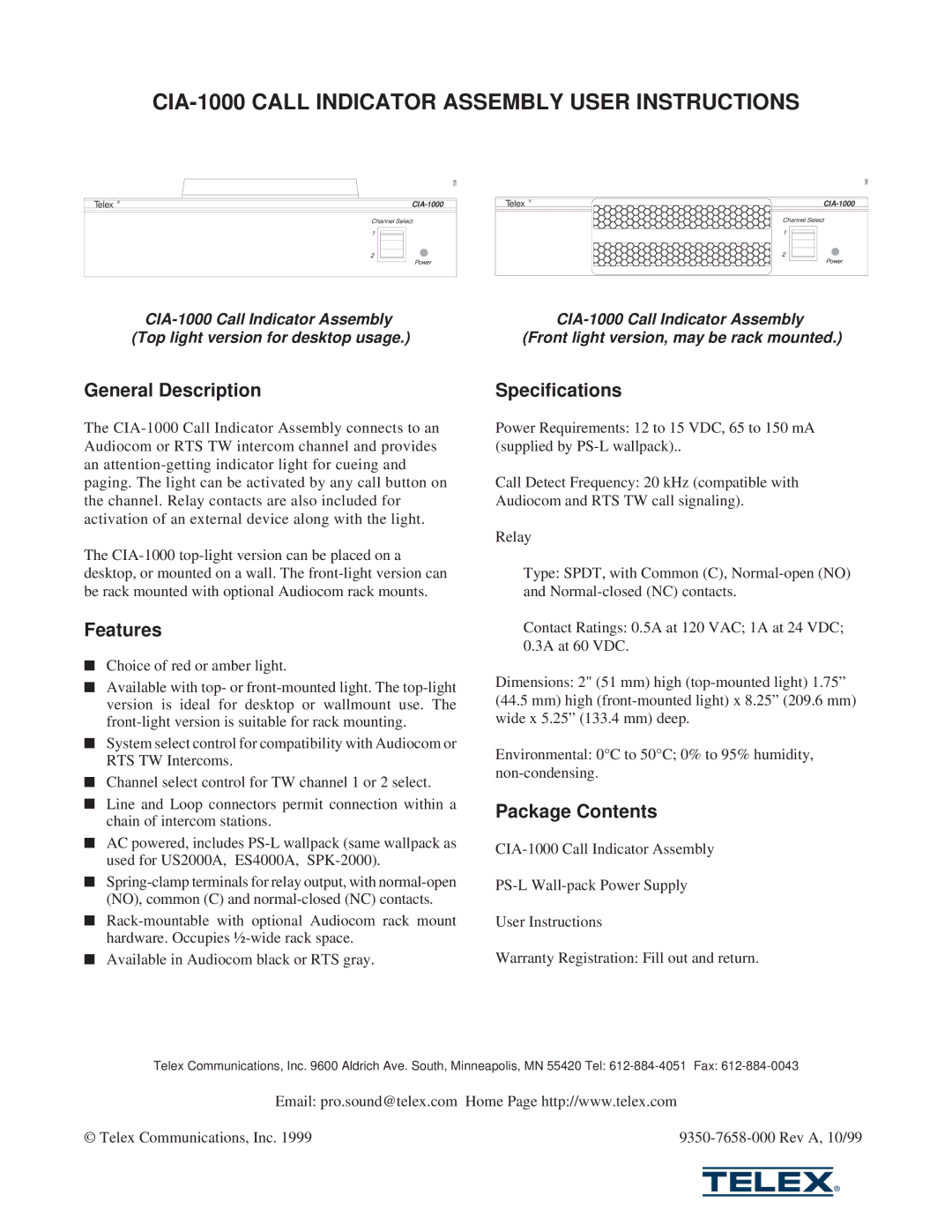 Telex CIA-1000 specifications General Description, Features, Specifications, Package Contents 