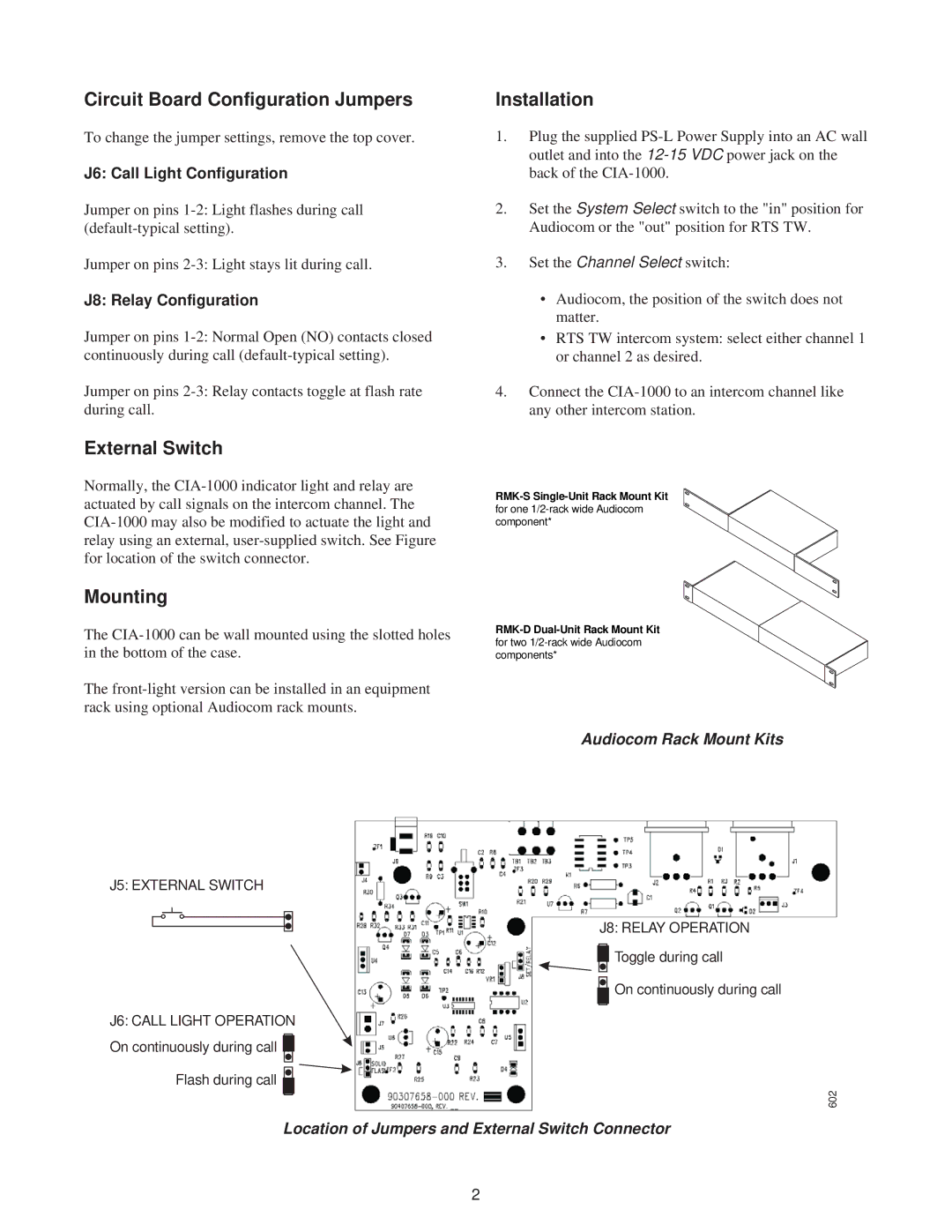 Telex CIA-1000 specifications Circuit Board Configuration Jumpers, Installation, External Switch, Mounting 