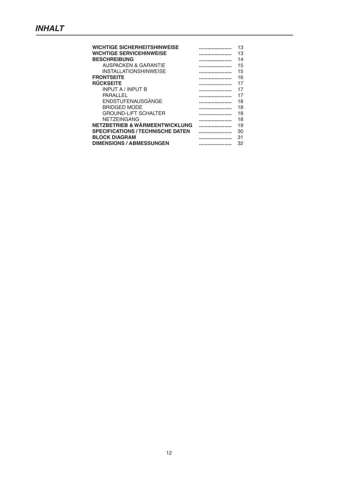 Telex CP 1200 owner manual Inhalt 