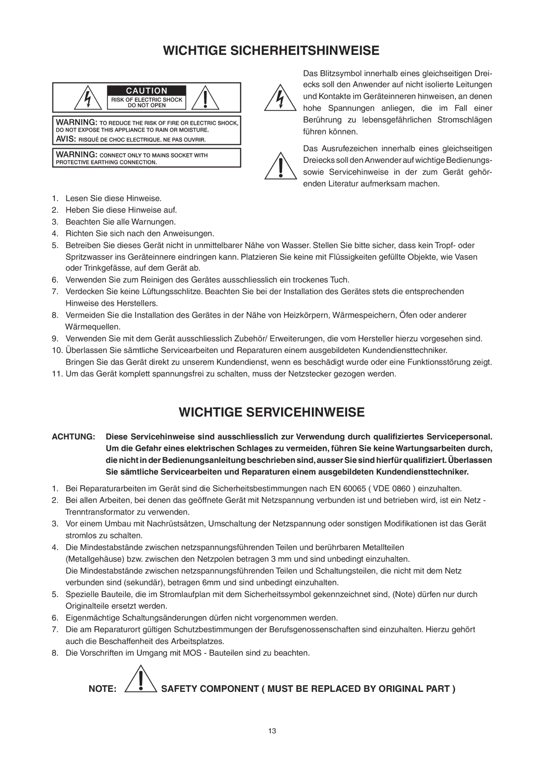 Telex CP 1200 owner manual Wichtige Sicherheitshinweise 