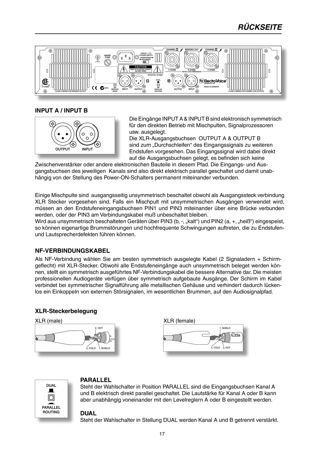 Telex CP 1200 owner manual Rückseite, Nf-Verbindungskabel 