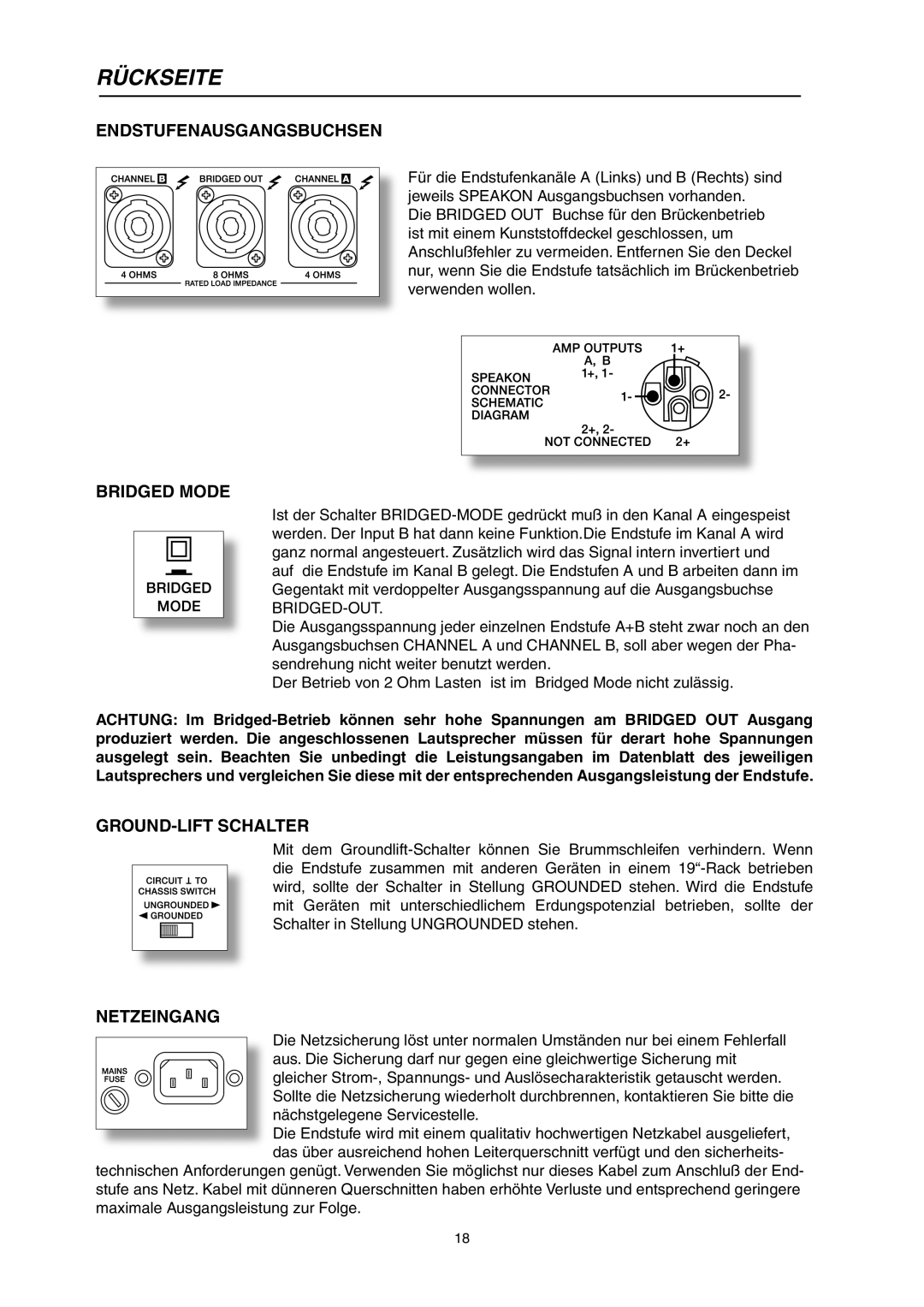 Telex CP 1200 owner manual Rückseite, Endstufenausgangsbuchsen, GROUND-LIFT Schalter, Netzeingang 