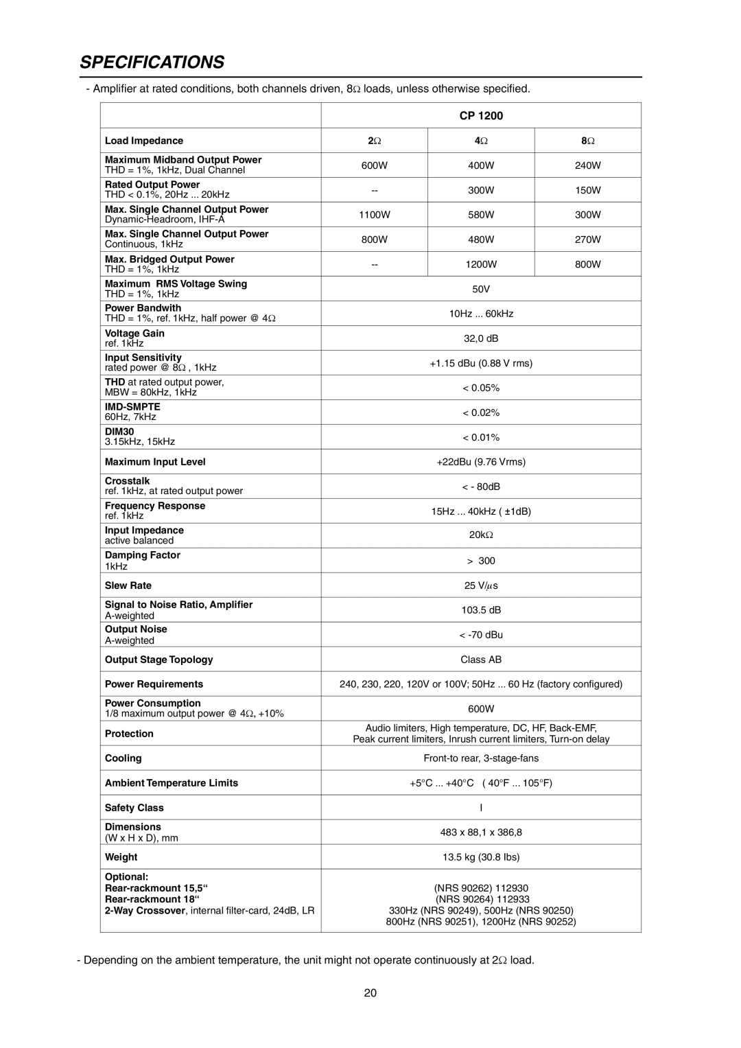 Telex CP 1200 owner manual Specifications, Input Sensitivity 