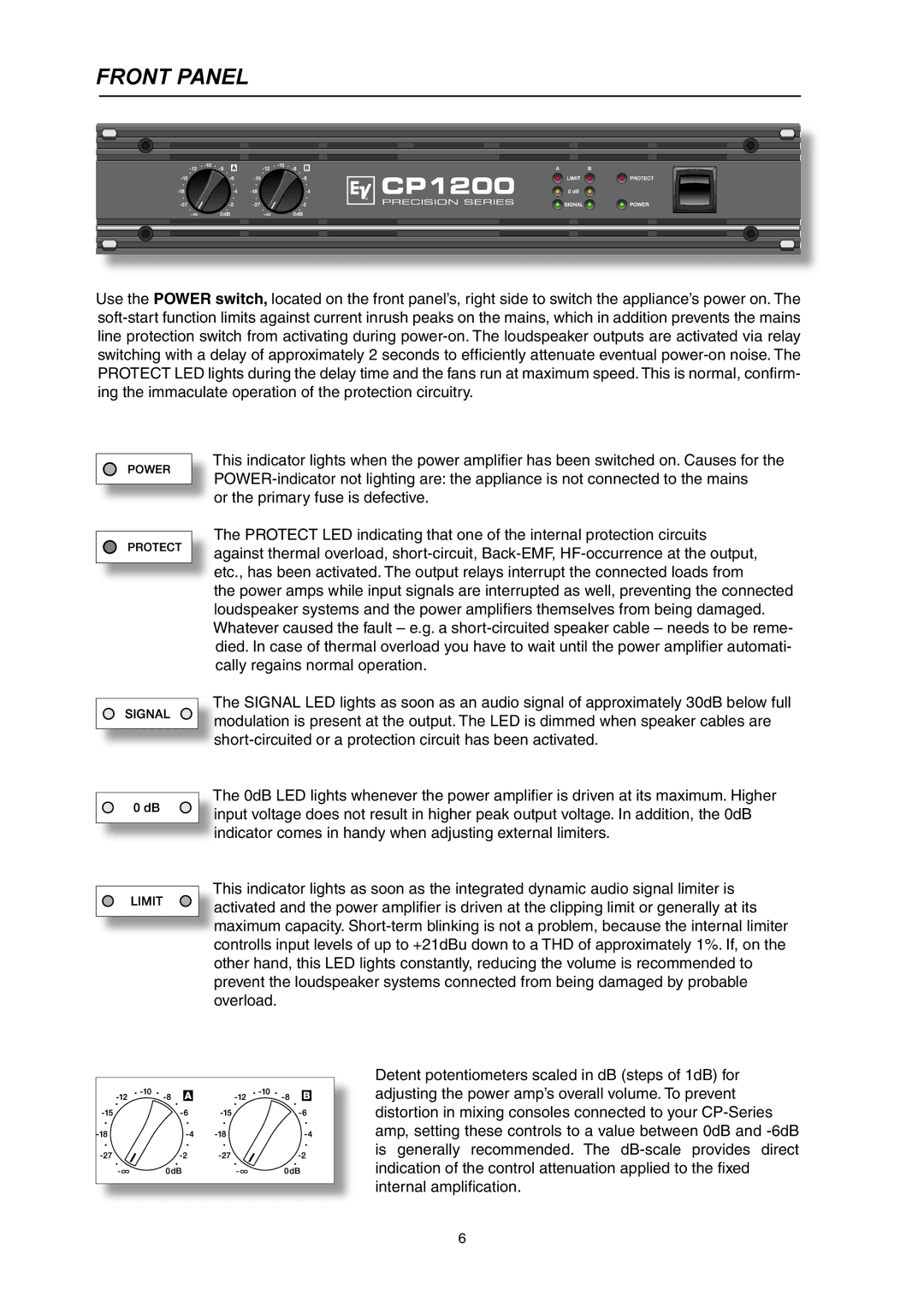 Telex CP 1200 owner manual Front Panel 