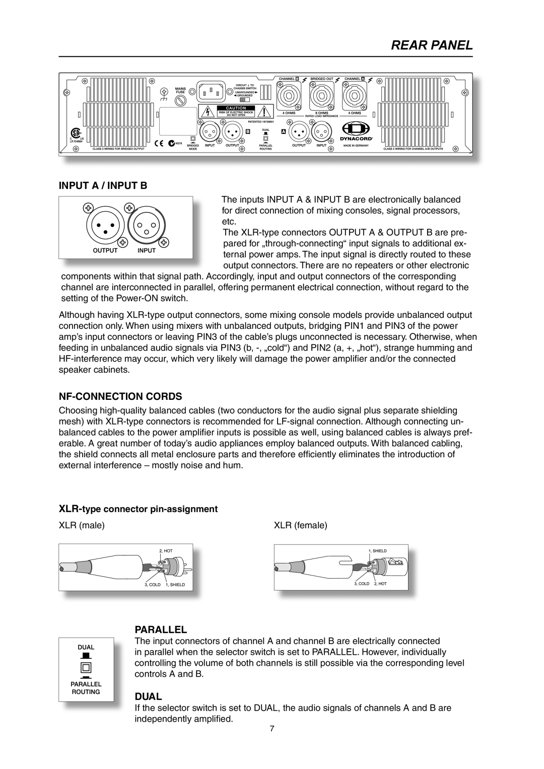 Telex CP 1200 owner manual Rear Panel, Input a / Input B, NF-CONNECTION Cords, Parallel, Dual 