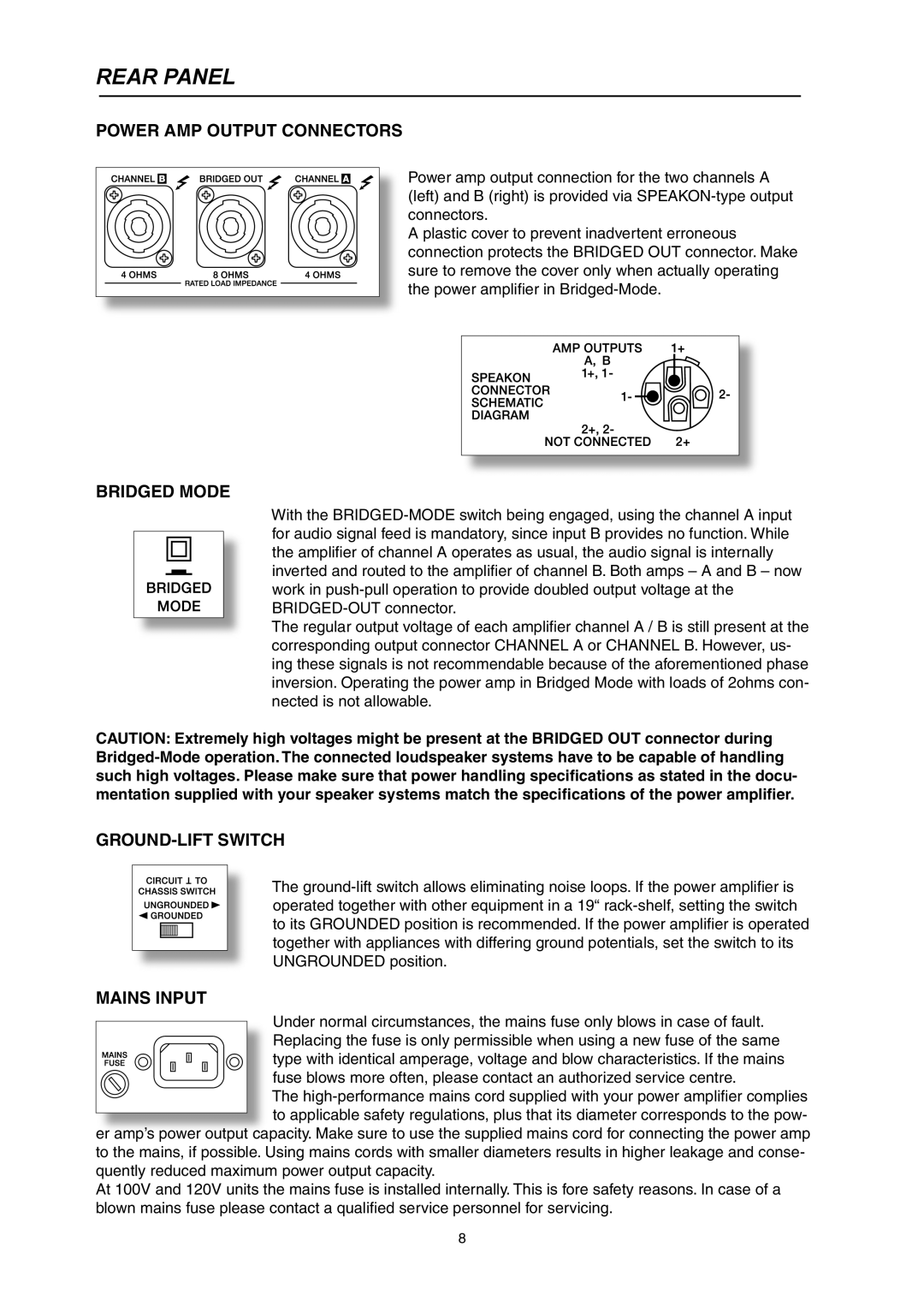 Telex CP 1200 owner manual Power AMP Output Connectors, Bridged Mode, GROUND-LIFT Switch, Mains Input 