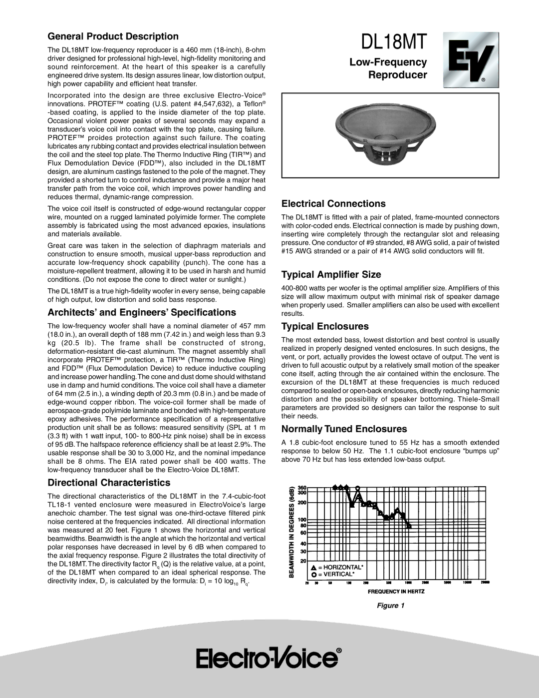 Telex DL18MT specifications General Product Description, Architects’ and Engineers’ Specifications, Electrical Connections 