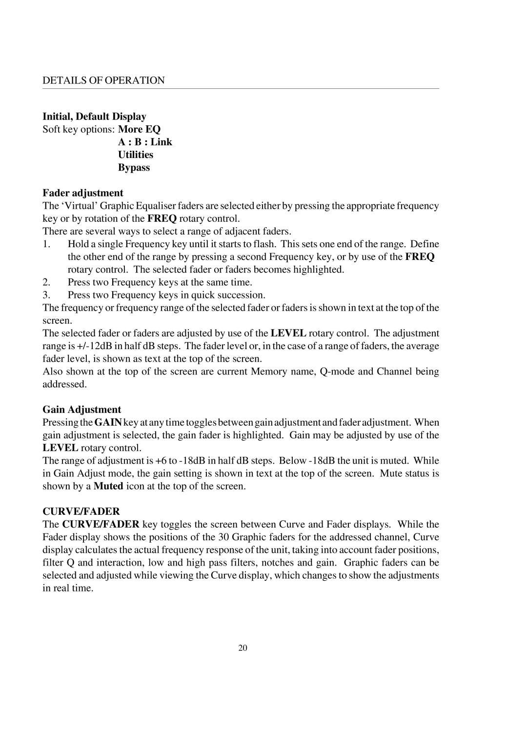 Telex DN3600C service manual Initial, Default Display, Link Utilities Bypass Fader adjustment, Gain Adjustment 