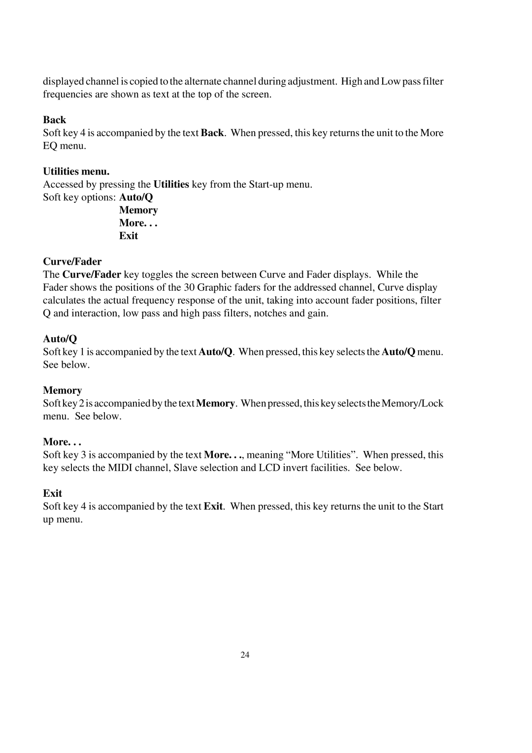 Telex DN3600C service manual Utilities menu, Memory More Exit Curve/Fader, Auto/Q 