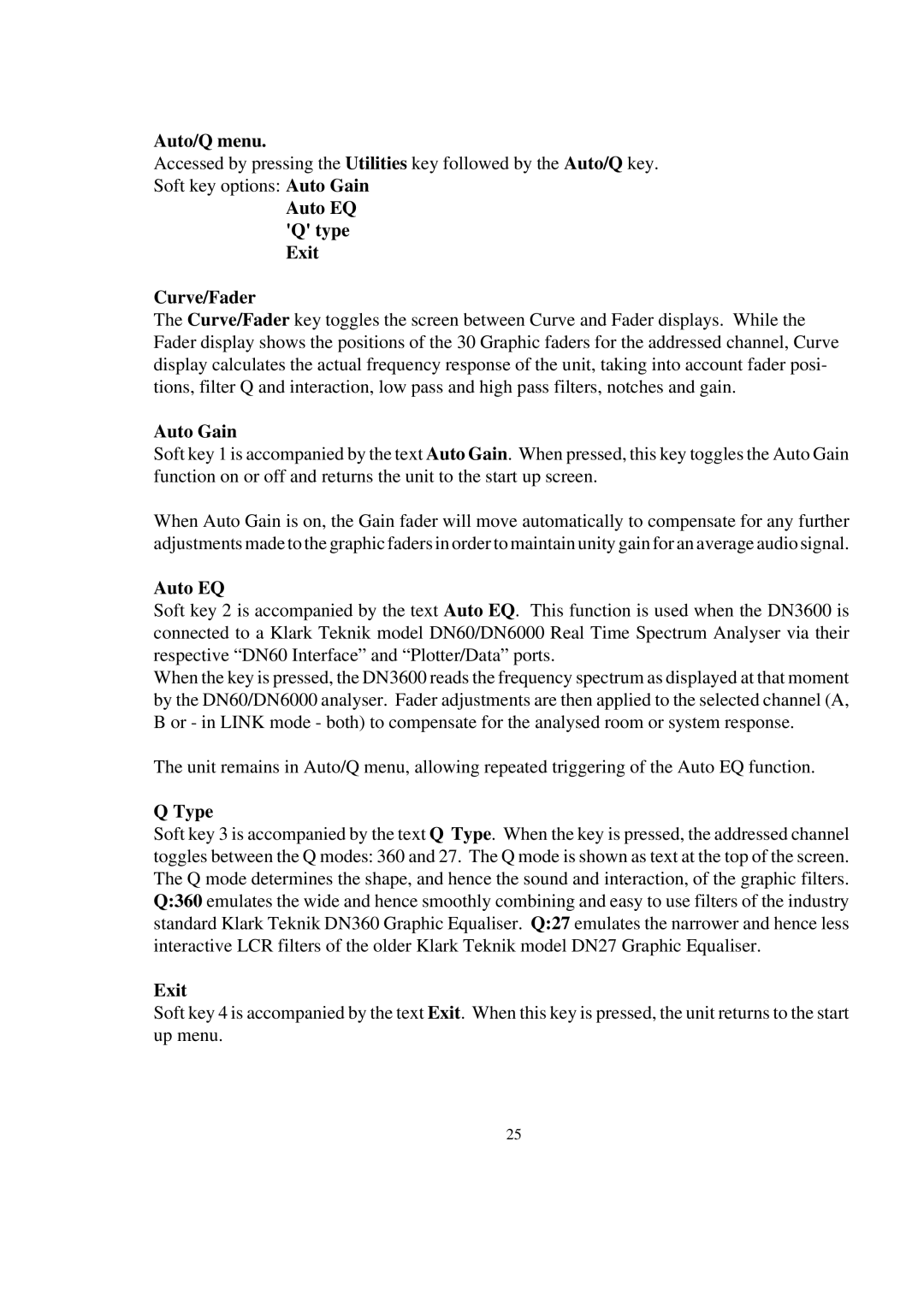 Telex DN3600C service manual Auto/Q menu, Auto EQ Q type Exit Curve/Fader, Auto Gain, Type 