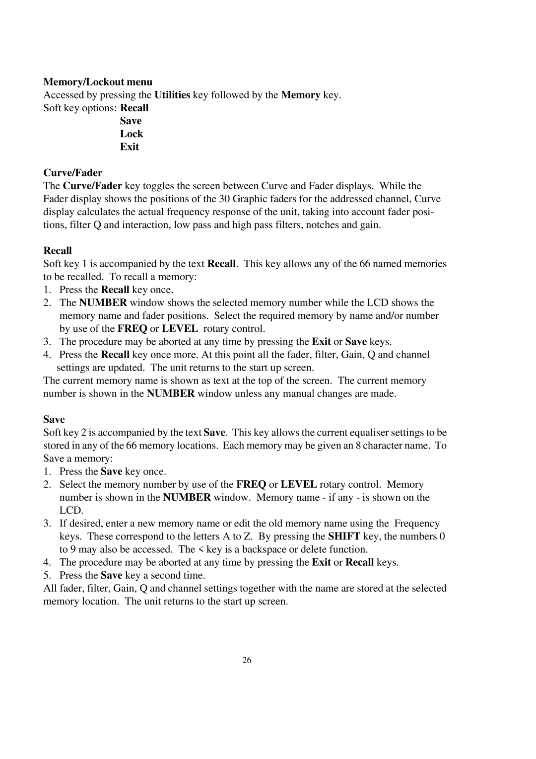 Telex DN3600C service manual Memory/Lockout menu, Save Lock Exit Curve/Fader, Recall 